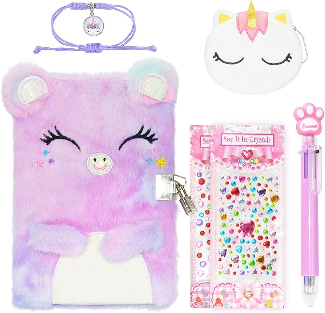Yinuofa Cat Diary for Girls with Lock and Keys , Kids Journal School Travel Notebook Gift Set for Writing and Drawing, Secret Diary with Multicolored Pen Stickers Purse Bracelet