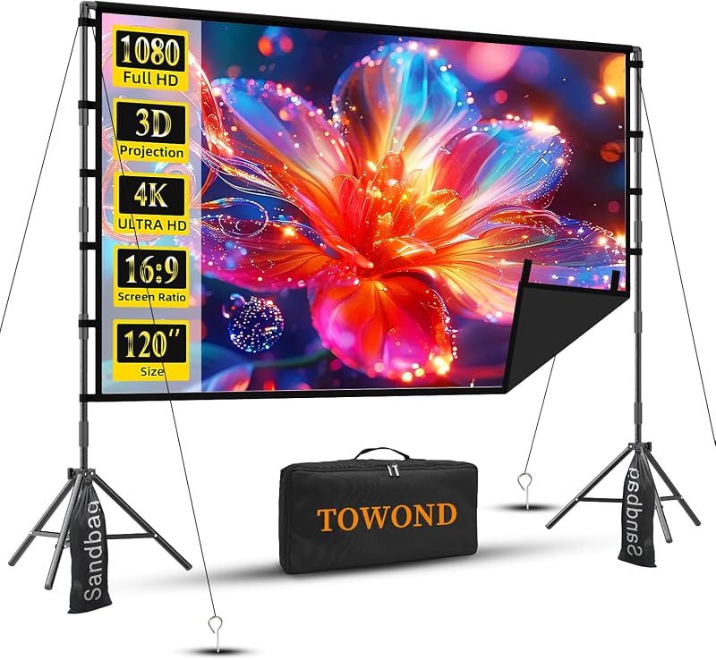 120 Inch Projector Screen TOWOND with Stand, Extra-Stable Large Iron Base | Opaque black backing limits light interference for front projection; 25mm tripod suits home theater and backyard movies.