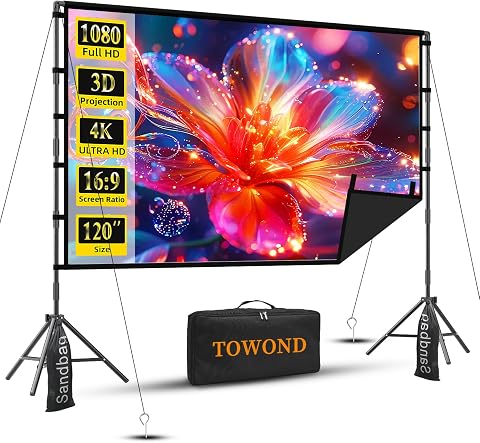 120 Inch Projector Screen TOWOND with Stand, Extra-Stable Large Iron Base | Opaque black backing limits light interference for front projection; 25mm tripod suits home theater and backyard movies.