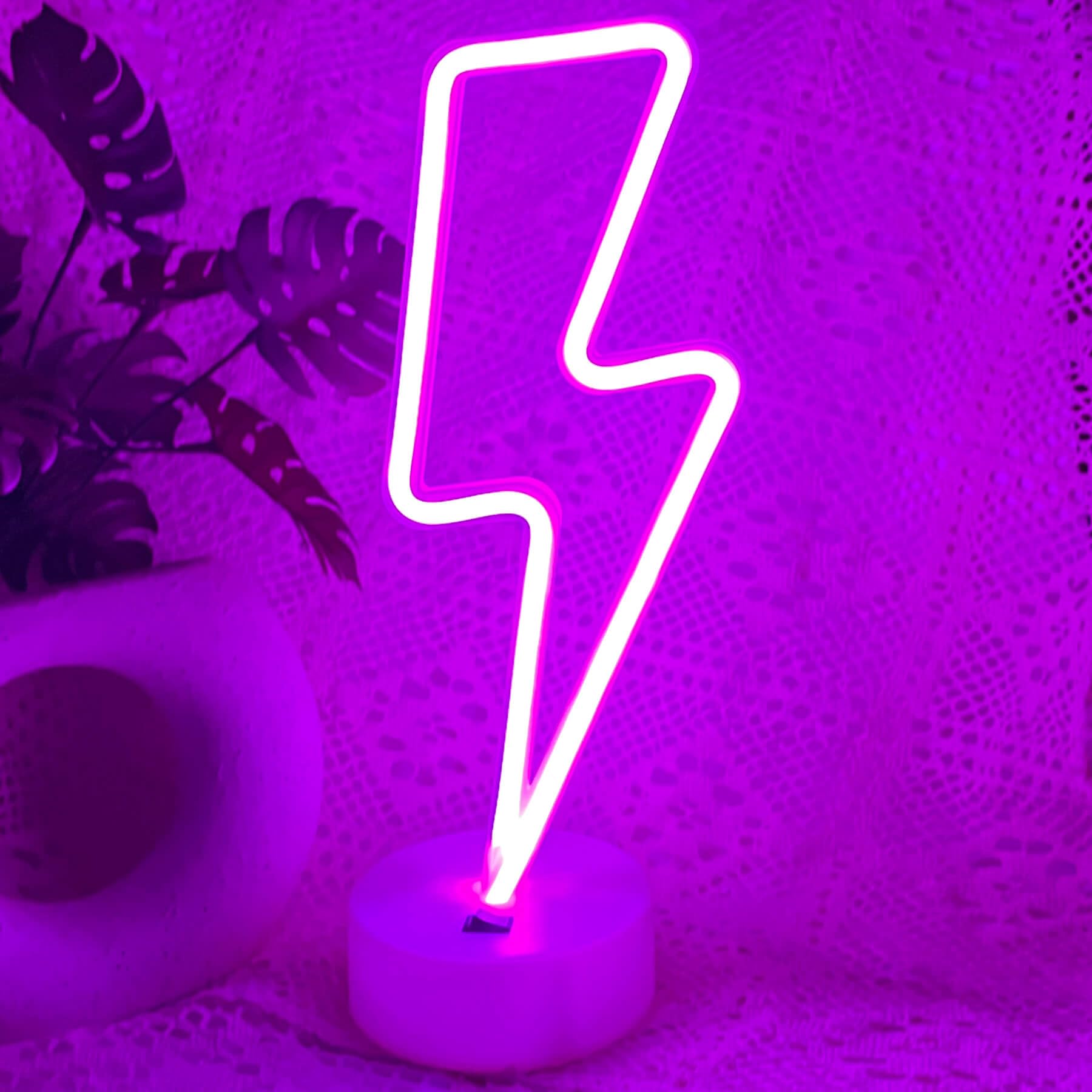 Letreros de neón con forma de rayo, luz de neón púrpura con base para dormitorio, USB/batería, lámpara de neón de trueno, luz nocturna, letrero LED en forma de rayo, decoración para