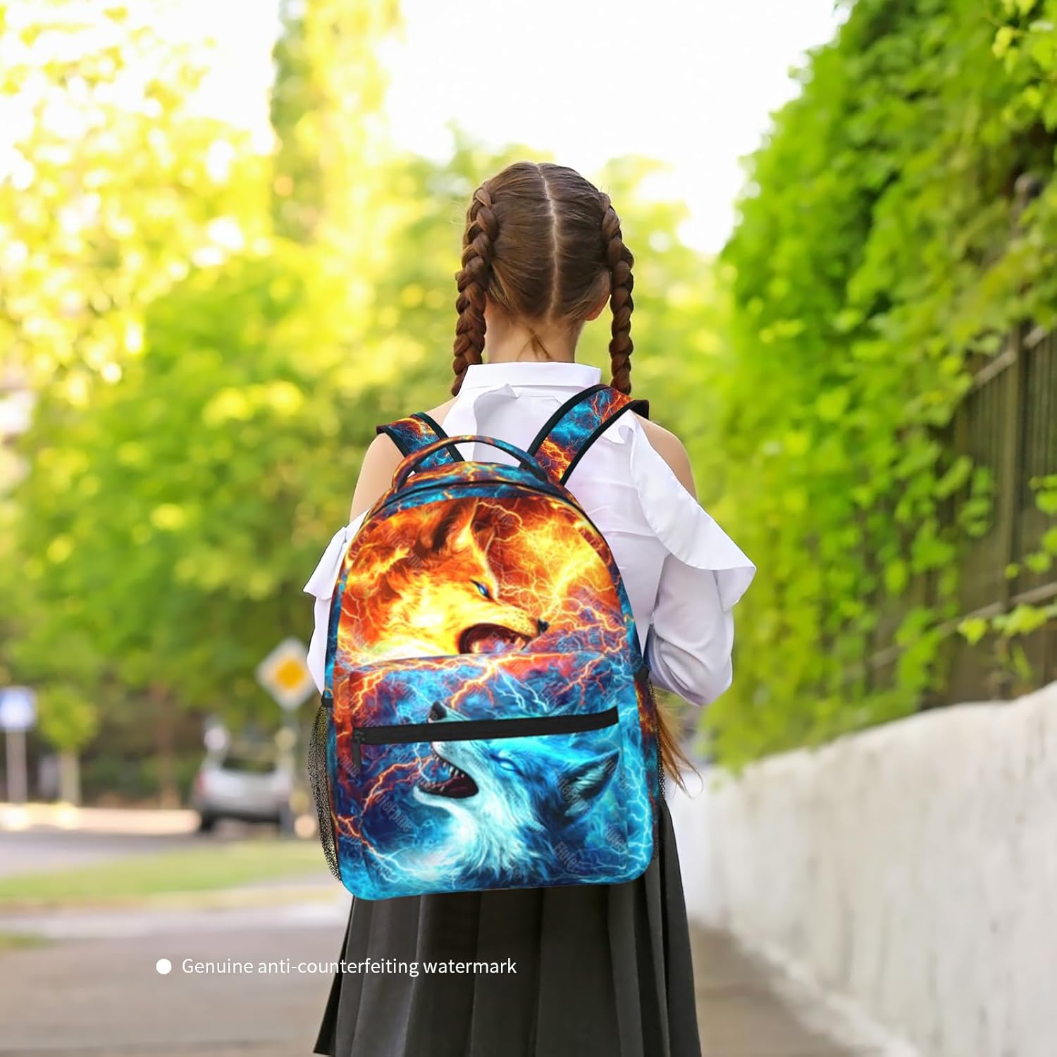 Kids Wolf School Backpack For Boys Girls Cool Fire and Ice Wolf Boys Backpack For Kids Children Teens Elementary Middle School Cool Lighting Bookbag Travel Back Pack for Age 6-18