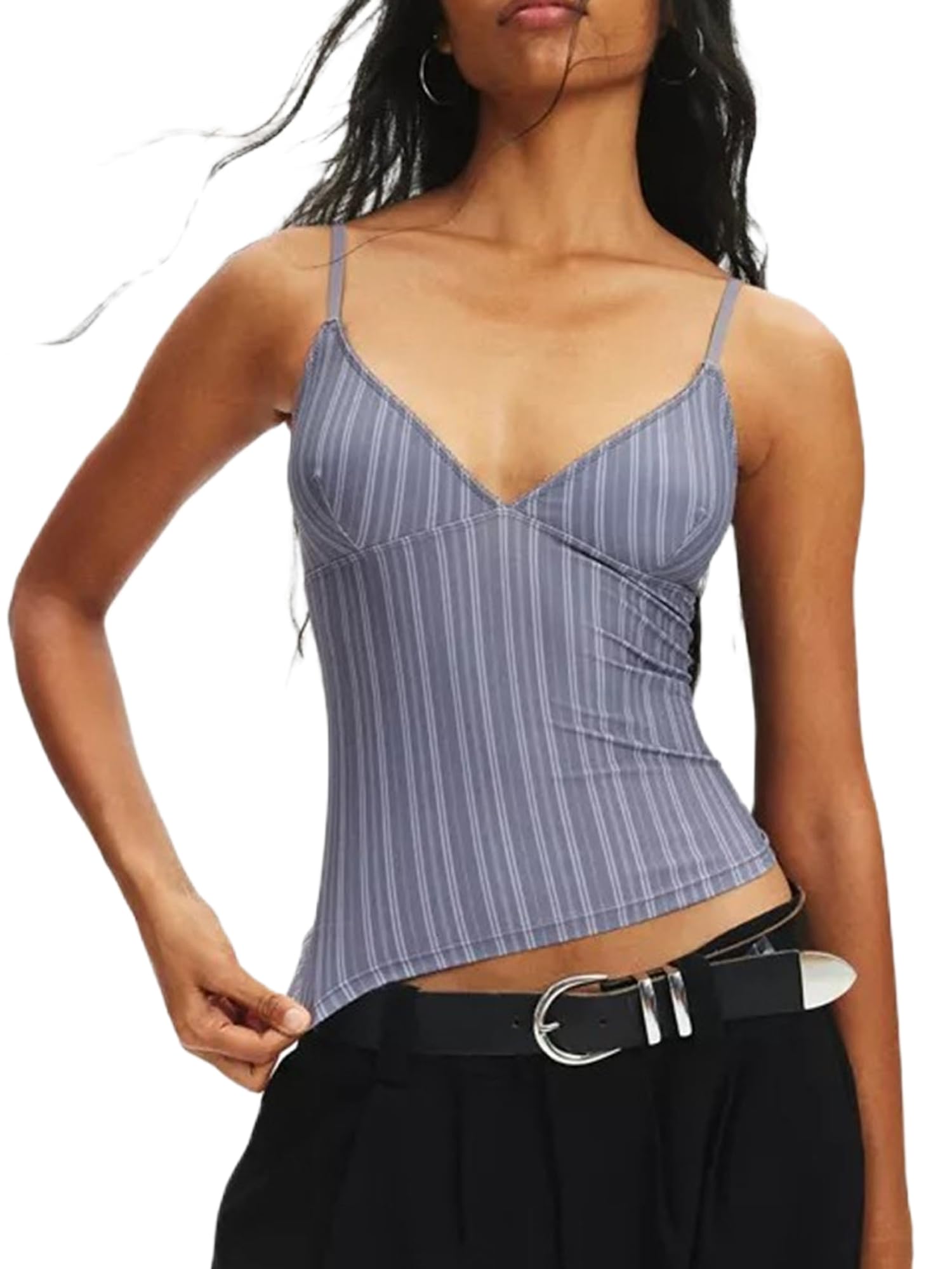 YILEEGOO Women Spaghetti Strap V Neck Camisole Casual Slim Fit Lace Trim Crop Tank Tops Polka Dots/Floral/Plaid Print Backless Vest Tops (Blue Striped, S)
