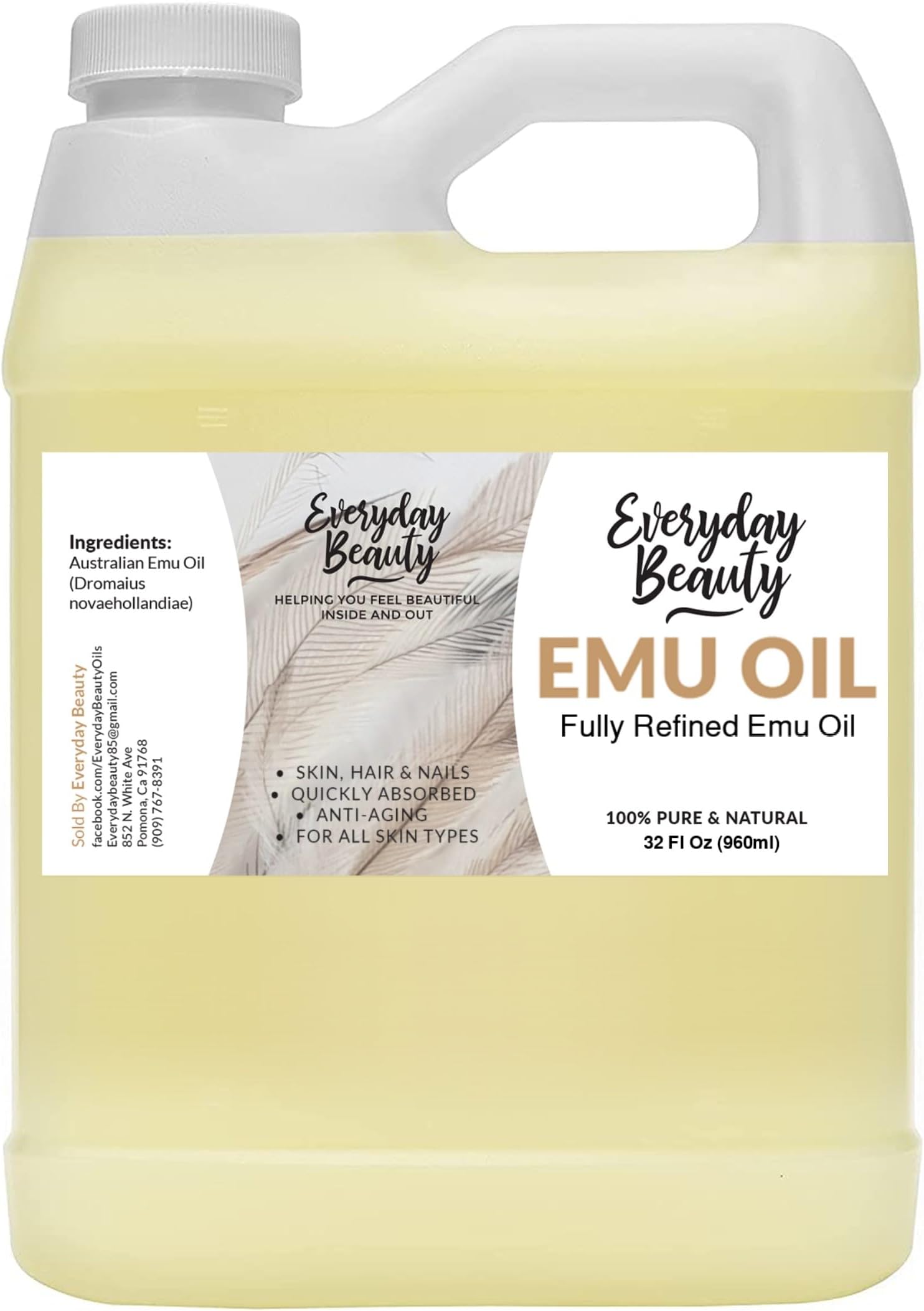 Pure Australian Emu Oil Bulk 32 Fl Oz - All Natural 6X Refined for Face, Skin and Hair - Highly Effective Hydration for Sensitive Skin and Hair Growth - Perfect for Scars and Blemishes