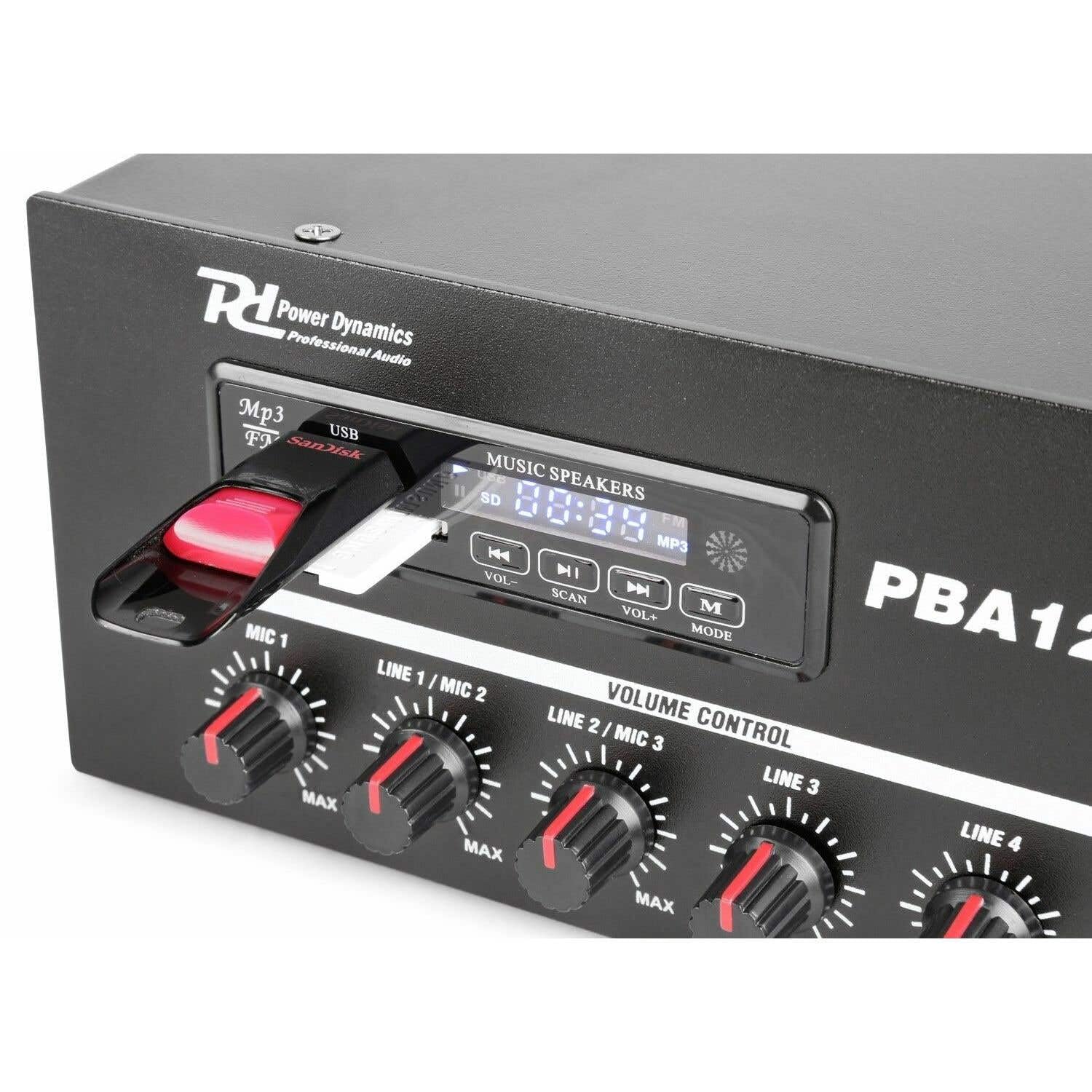 Power Dynamics PBA60 - Amplificateur Bluetooth, 60 Watts, 100 Volts, Télécommande, Radio, USB et SD, Lecteur MP3, Idéal pour la Musique et Les Discours