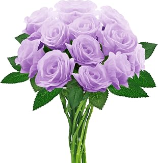 hailanbao 12PCS Purple Artificial Roses with Long Stems, Silk Faux Flowers