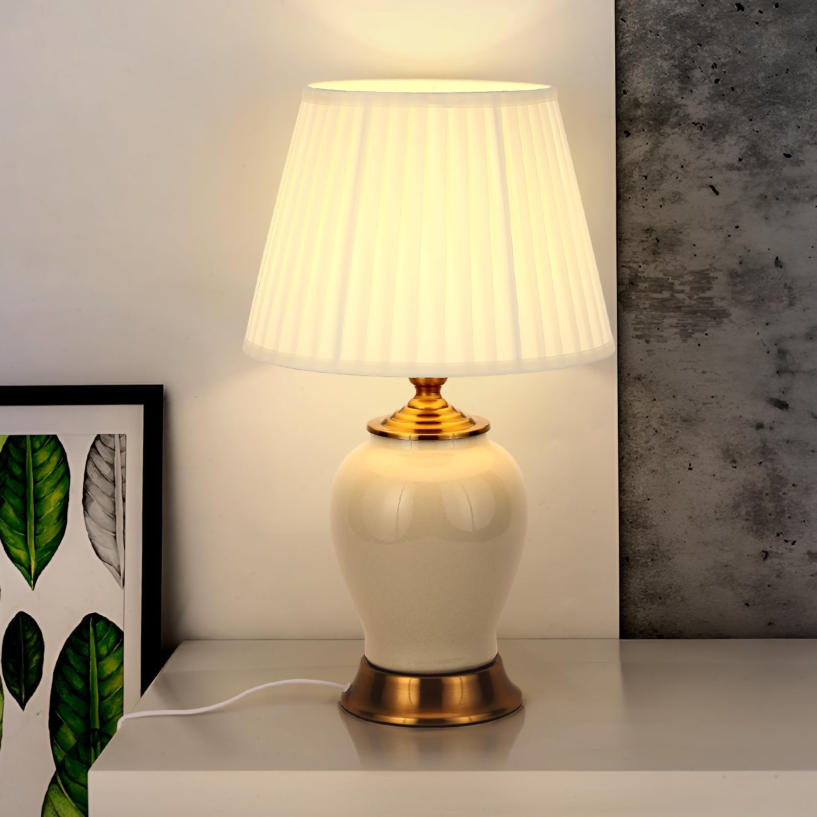 Hvkvhvy White Table Lamp Modern E27 Nightstand Lamps, Fabric Lampshade Desk Lamp, Ceramic Bedside Lamp Bedroom Decoration Study Reading Lamp,
