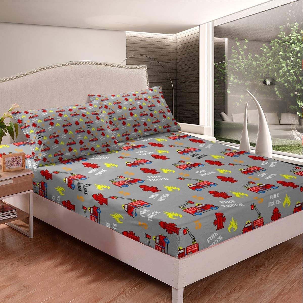 Feuerwehrauto Bettlaken Set für Mädchen Jungen Kinder Feuerwehr Motor Fahrzeug Spannbetttuch Feuerwehrauto Muster Spannbettlaken 90x200cm Zimmer Dekor Kinder Niedlichen Karikatur Stil 2St