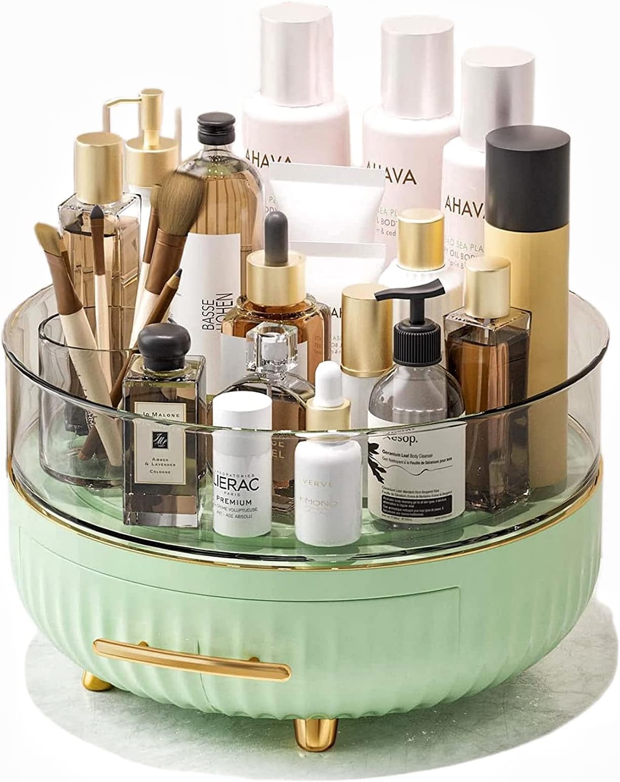 ONECIRCLE Makeup organizer,360 Rotating Make up storage organizer with Drawer suitable for Make up Organizer,perfume organizers,Cosmetic display and table top Lotions Storage & Display.(green)