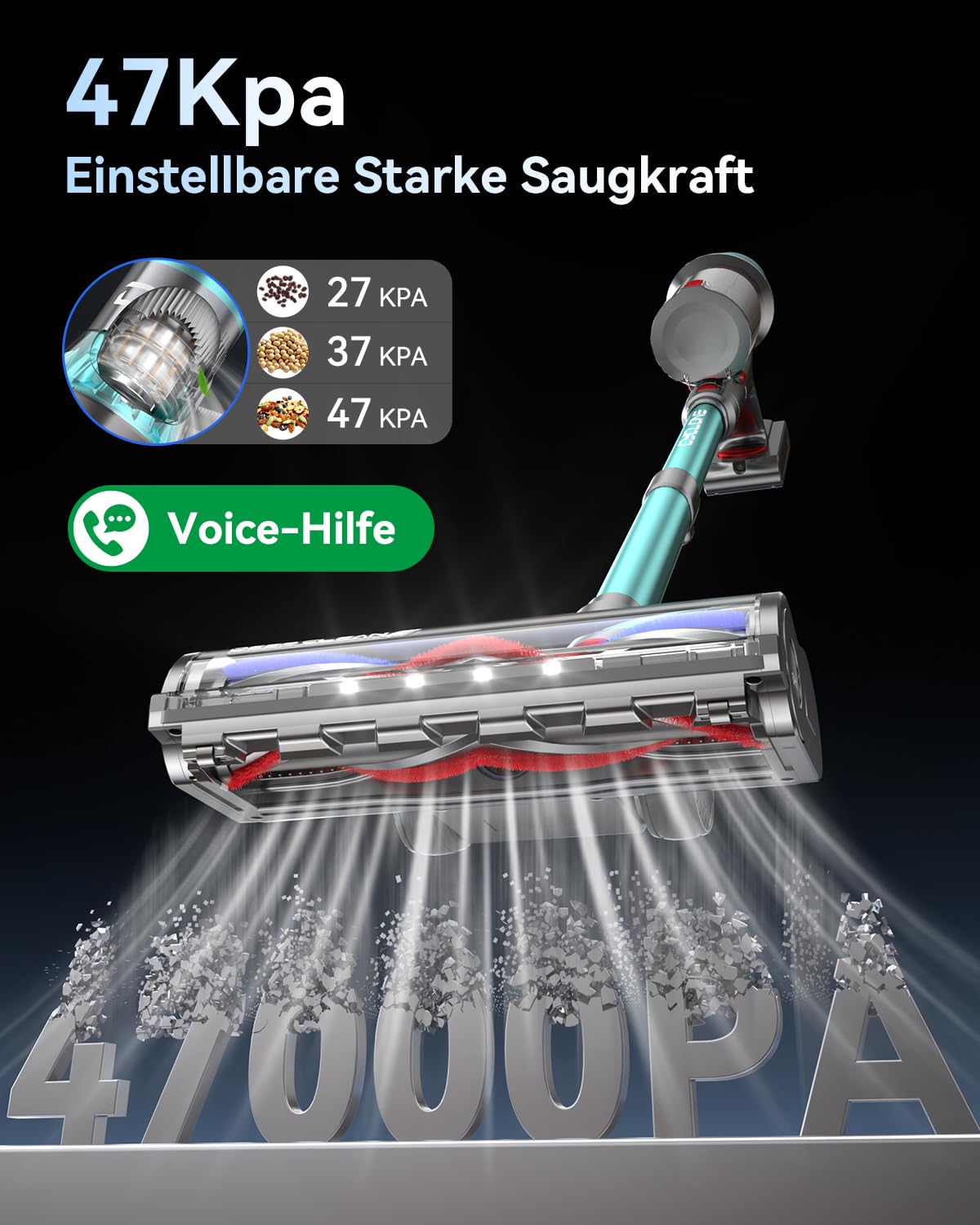 Akku-Staubsauger YU7 580W, 47000Pa, kabellos, bis zu 70 Min Laufzeit, Akkustaubsauger mit Touchscreen