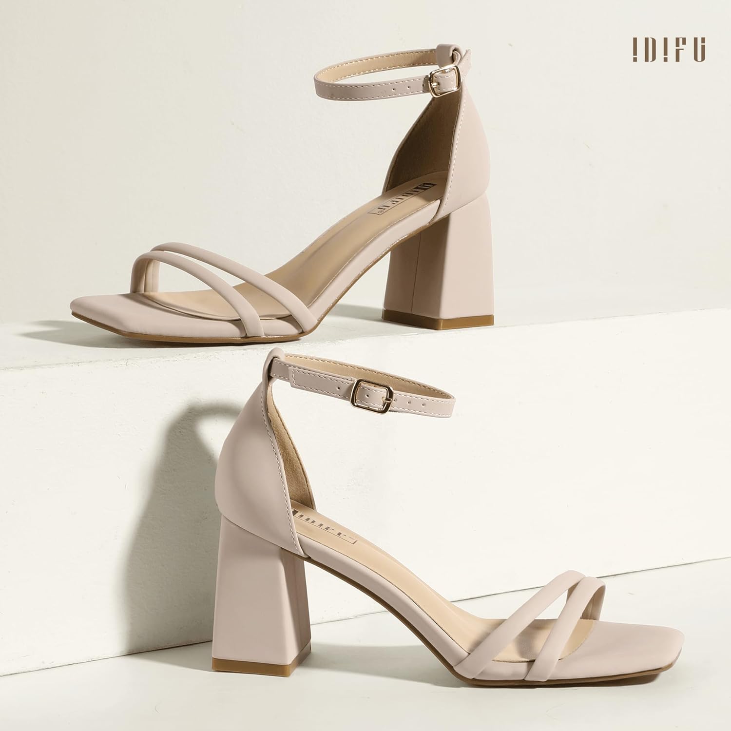 IDIFU IN3 Strappy Chunky Block Low Square Open Toe Heels Dress Shoes for Women Dressy Wedding Prom Bridal Bridesmaid Shoes Ankle Strap Heeled Sandals Comfortable Cute Trendy Short Thick Heels - Image 5