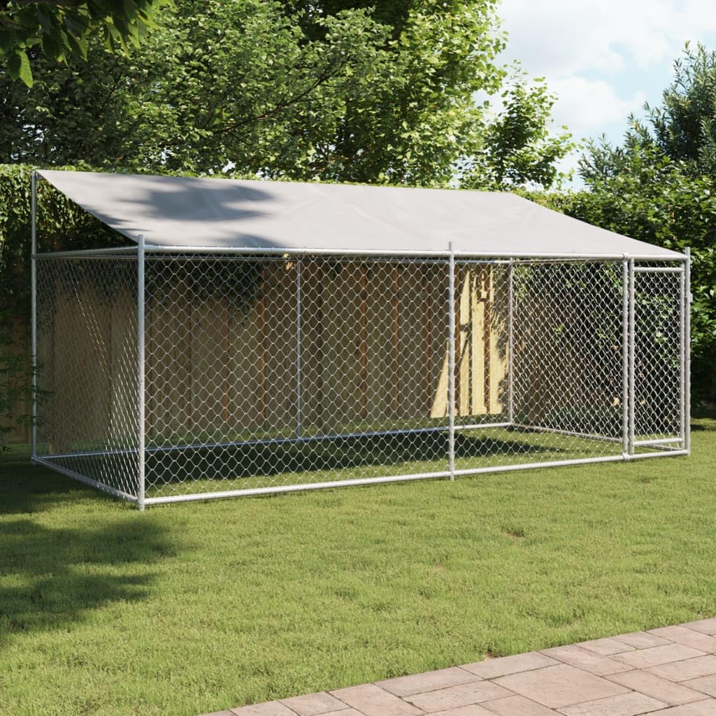 Homgoday Jaula de Perros Techo y Puerta Acero galvanizado Gris 4x2x2 m, Cercado para Perros Perrera Gallinas, Caseta para Perros Mascotas Animales Perro Grande Exterior