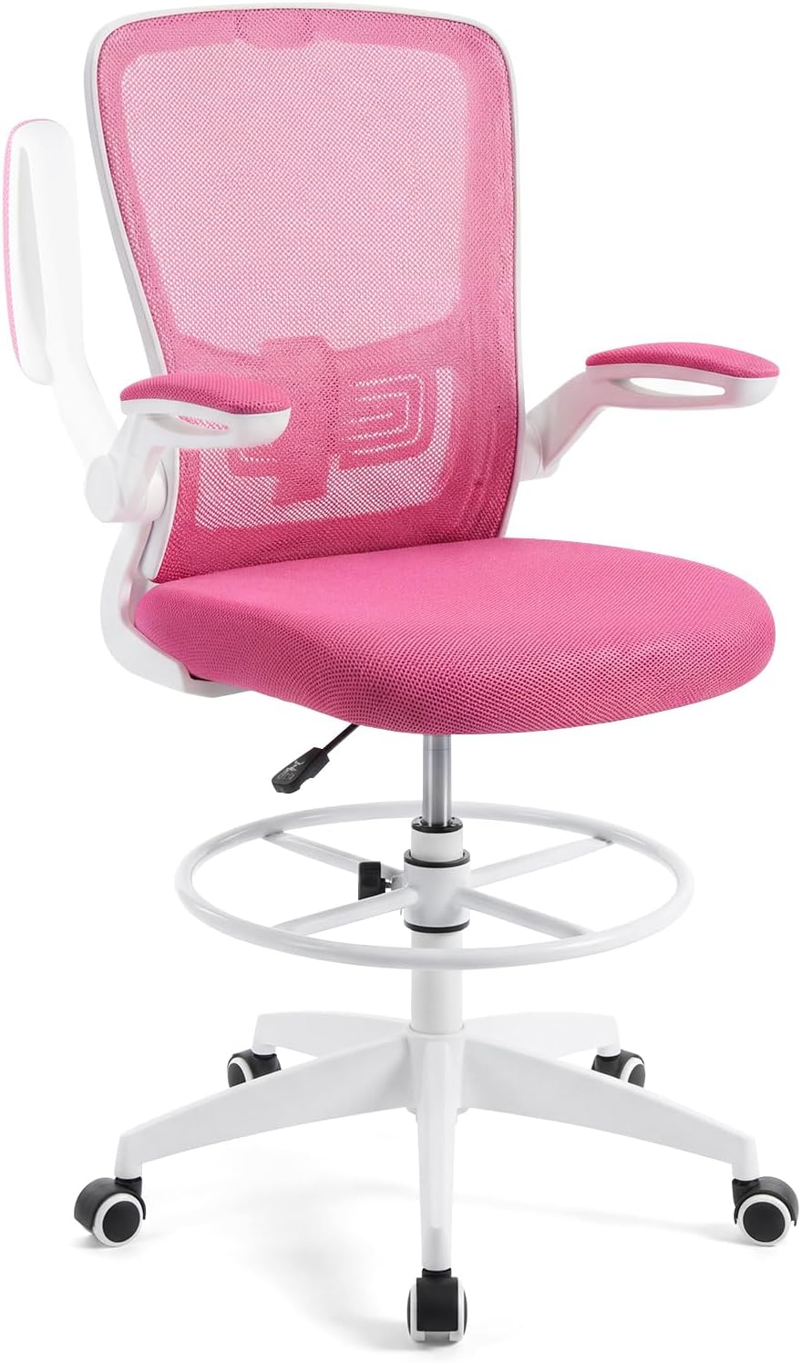 Giantex Ergonomic Drafting Chair Tall Office Chair with Flip-Up Armrests Footrest Ring Height Adjustable Executive Task Chair Mesh Computer Standing Desk Chair Lumbar Support for Home Office (Pink)