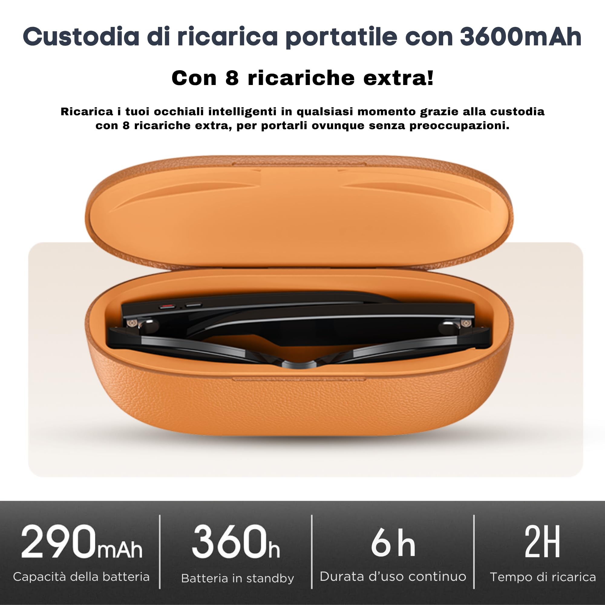 smartia - Occhiali intelligenti con fotocamera, custodia di ricarica portatile, occhiali da sole Bluetooth, IA integrata a comando vocale, APP in italiano, glasses e traduttore, 33MP 4K