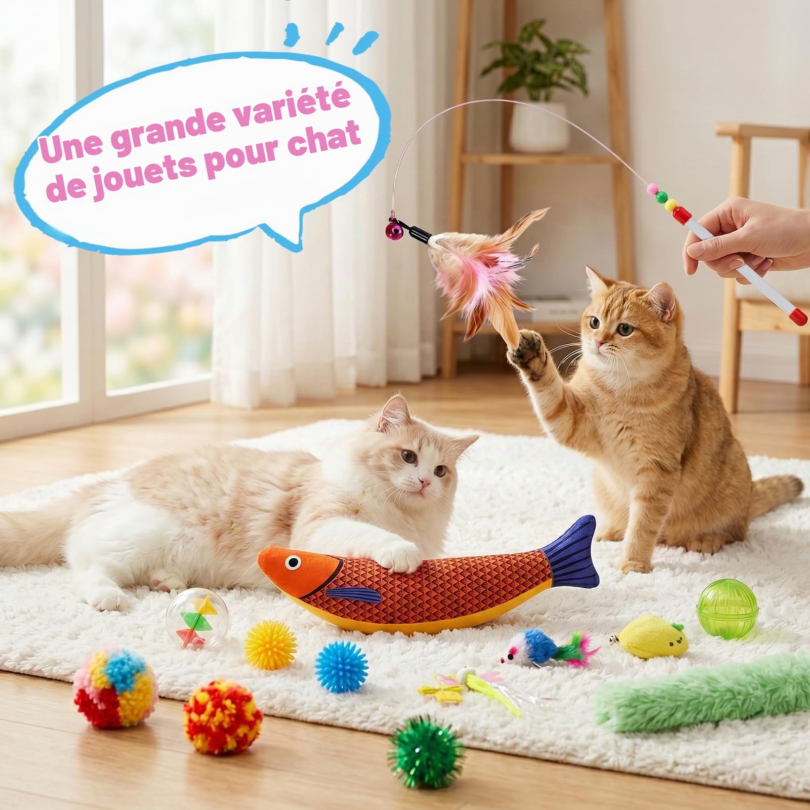 CENOVE 41 Jouets interactifs pour Chats d'intérieur – Comprenant Un Tapis Moelleux, des Jouets d'auto-Divertissement, Une Corde à mâcher, Une Canne à pêche, Un Jouet à Plumes et diverses balles