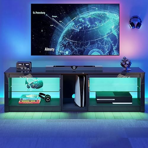 Miniatura 2 de Bestier Soporte de TV de alto brillo para TV de 70 pulgadas, centro de entretenimiento para juegos para PS5, gabinete de TV LED con estantes de