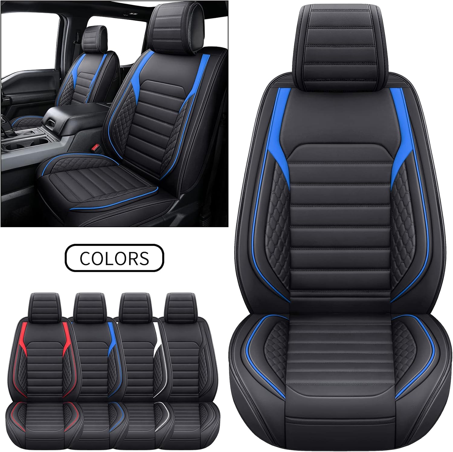 YIERTAI F150 Seat Covers Compatible with 2009-2024 Ford F150 2017-2024 F250 F350 F450 Crew Cab Supercab XLT Super Duty Lariat Supercrew Platinum Raptor King Ranch(2 PCS Front/Black-Blue) CP-FHPK-QP-Black-Blue