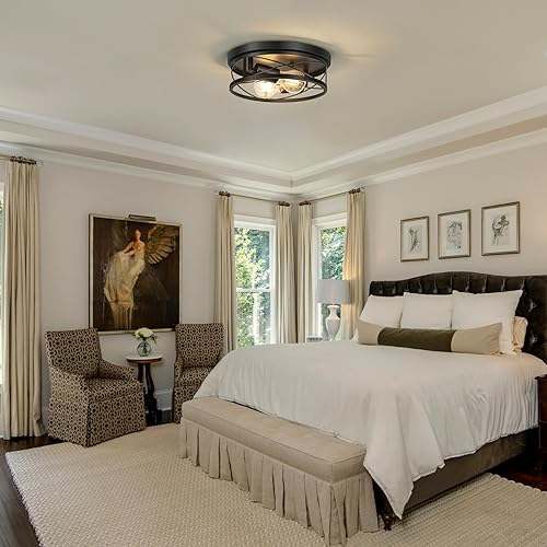 Miniatura 5 de Luces industriales negras, paquete de 2 lámparas redondas de metal empotradas para pasillo y dormitorio, luces redondas de cocina (bombillas no