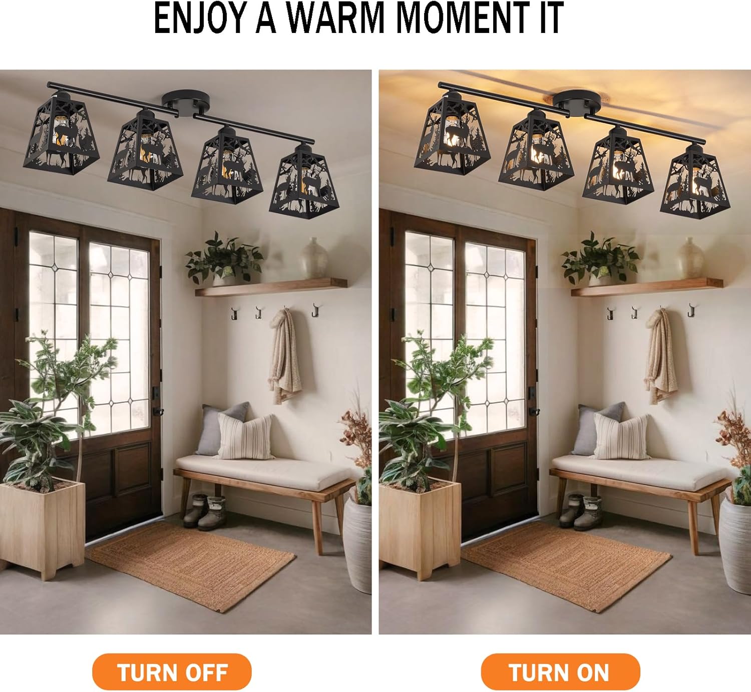 Rustic Flush Mount Ceiling Light - 4-Light Metal Fixture with Deer Design, Farmhouse Ceiling Lamp for Kitchen, Living Room, Bedroom, Dining Room, Entryway, Hallway (Bulbs not Included)