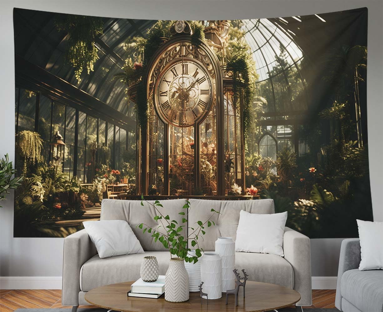 EMMTEEY Gothic Garden Funny Tapestry 92.5X70.9 Inch - Flowers Vintage Clock Home Wall Decor Medieval Forest Backdrop for Dorm Classroom