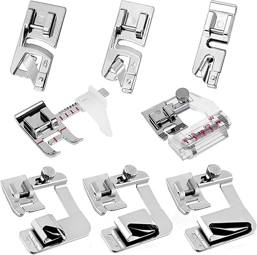 YEQIN El juego de dobladillo de costura de 8 piezas incluye 6 pies prensatelas enrollados, pie de carpeta de cinta al bies y prensatelas guía