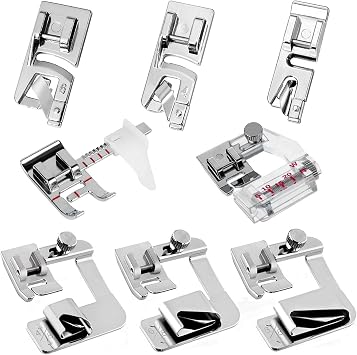 8pcs Sewing Machine Presser Foot Set Includes 3Pcs Wide Hem Foot, 3Pcs Narrow Rolled Hem Presser Feet, Bias Tape Binder Foot and Adjustable Guide Presser Foot for Brother Singer Janome