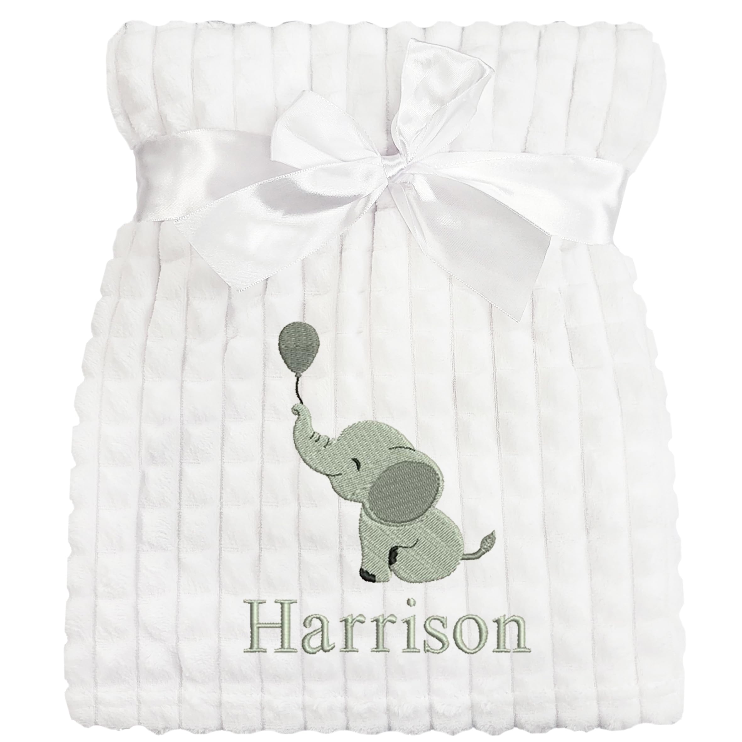 Personalised Baby Blanket Embroidered Elephant & Name Soft Fleece Wrap (Grey Elephant White Squares)