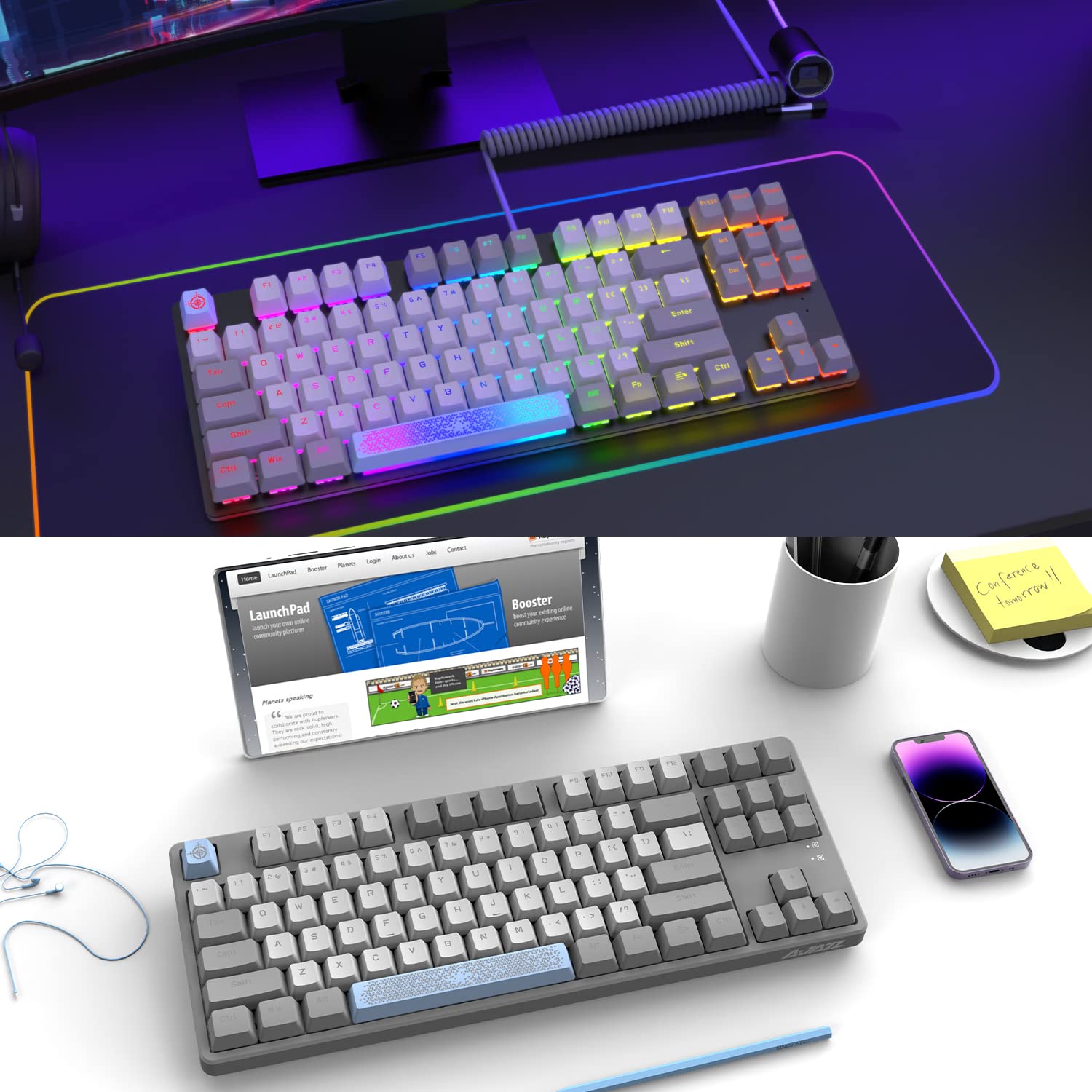 MAMBASNAKE AK873 Przewodowa klawiatura mechaniczna z możliwością wymiany na gorąco, spiralny kabel, 22 podświetlenie RGB, 3 kolorowe pływające nasadki klawiszy PBT, 87% klawiatura z odłączaną osłoną