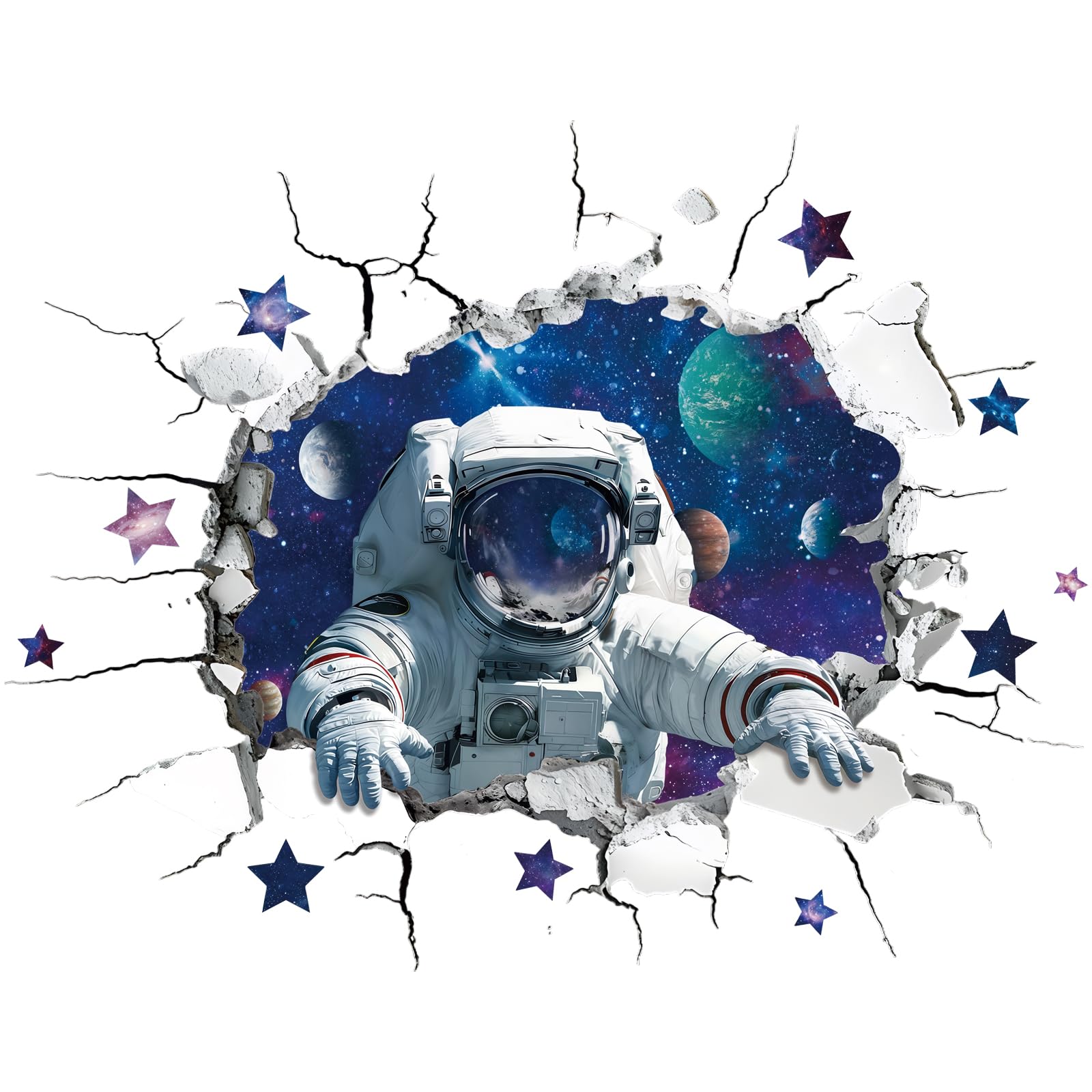 HPNIUB 3D Cracked Broken Wall Astronaut Wall Stickers Realistic Space Galaxy Planet Star Wall Sticker Removable Peel and Stick Space Explorer Wall Art Space Themed Home Decor for Kid Boys Bedroom