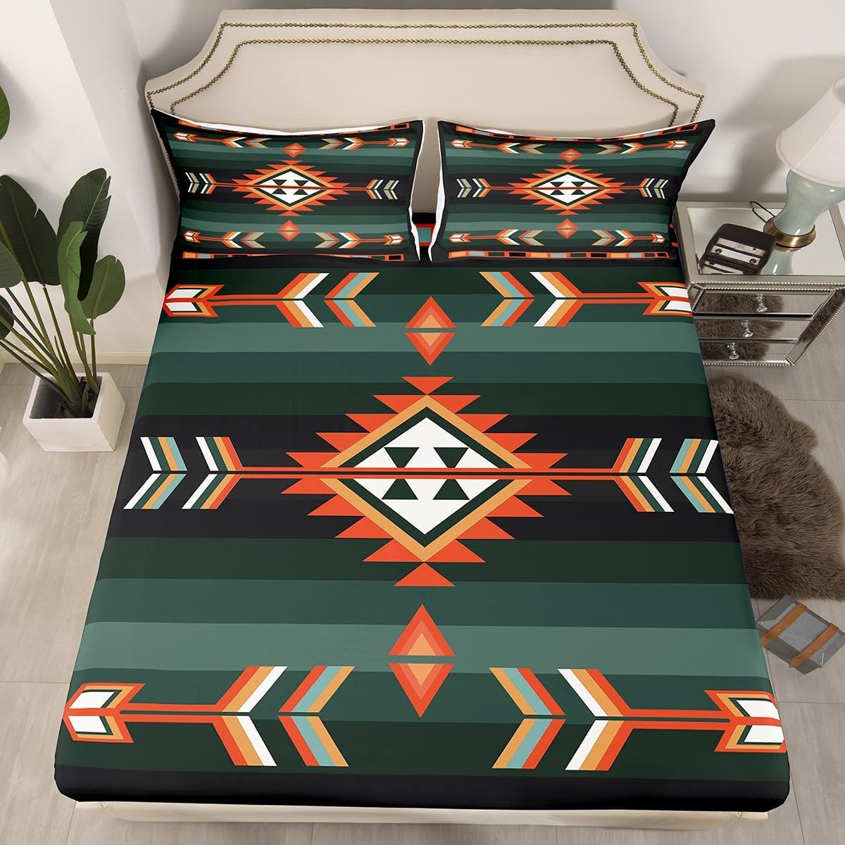 Erosebridal Southwestern Geometric Bed Sheets Western Aztec Fitted Sheet Boho Exotic Tribal Bedding Set Full Rustic Farmhouse Home Decor Bohemian American Native Bed Cover 2 Pillow Cases
