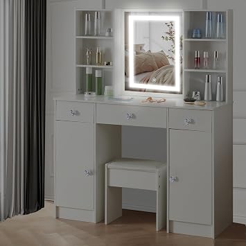 Hollywood Vanity Table, 55inch Makeup Vanity with LED Mirror, 3 Adjustable Light-Mode,5 Drawers 6 Shelve Makeup Desk with Chair, 2 Hidding Shelves for Girls and Women, Modern White