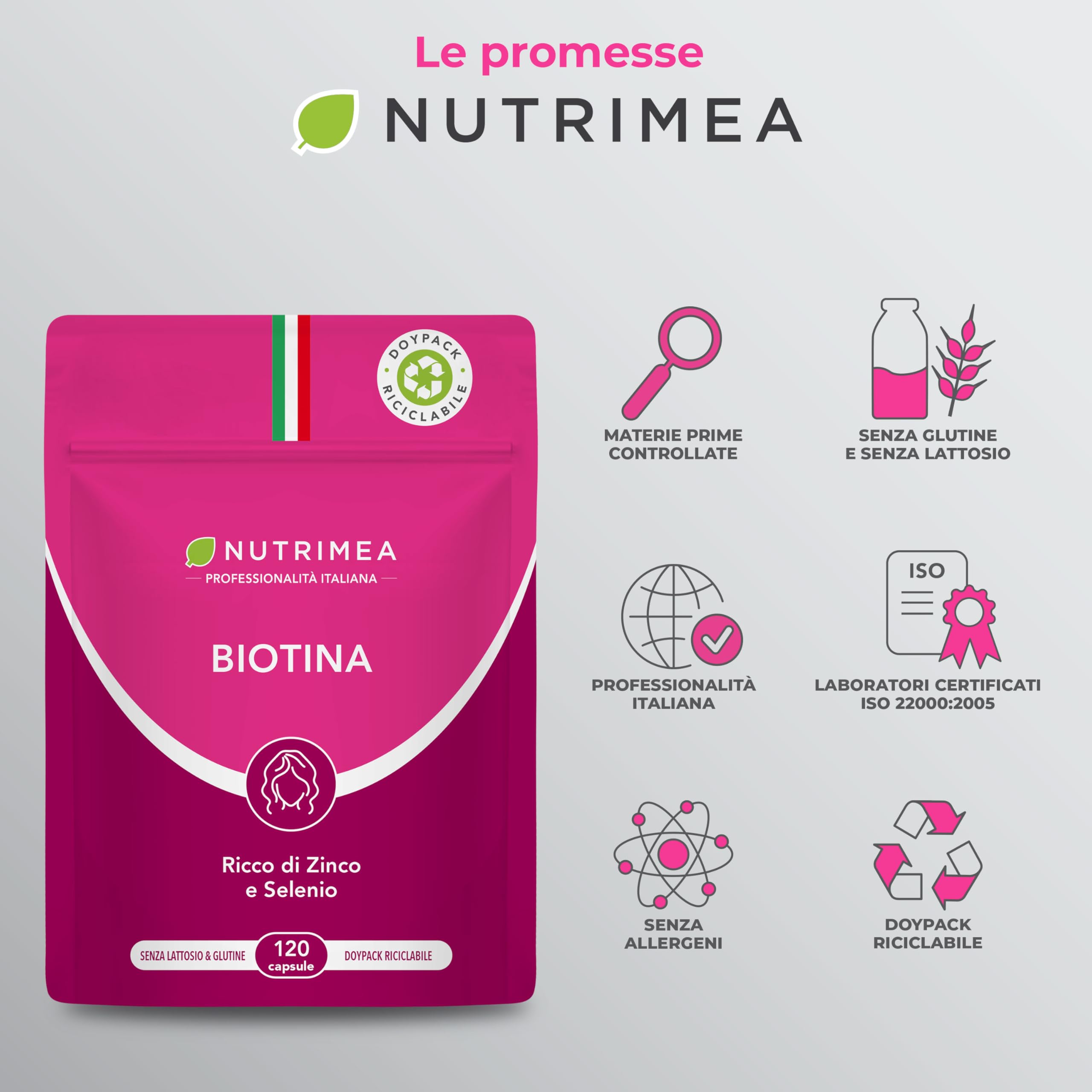 Biotina Capelli | 120 Capsule | Integratori Per Capelli, Unghie e Pelle | Vitamina B8, Zinco, Selenio e Semi di Zucca | Trattamento 4 Mesi | Nutrimea
