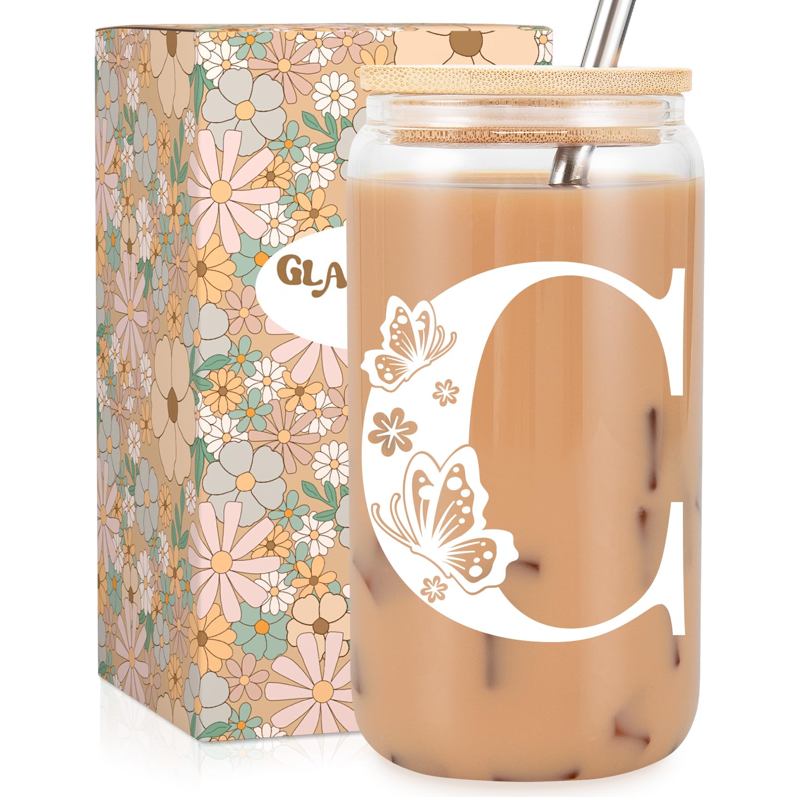Fairy's Gift Initial Glass Coffee Cup w/Lid Straw, Butterfly Iced Coffee Tumbler, 16 oz Cute Glass Cups, Personalized Aesthetic Cup Gifts, Monogrammed, Christmas, Birthday Gifts for Women Mom Friend