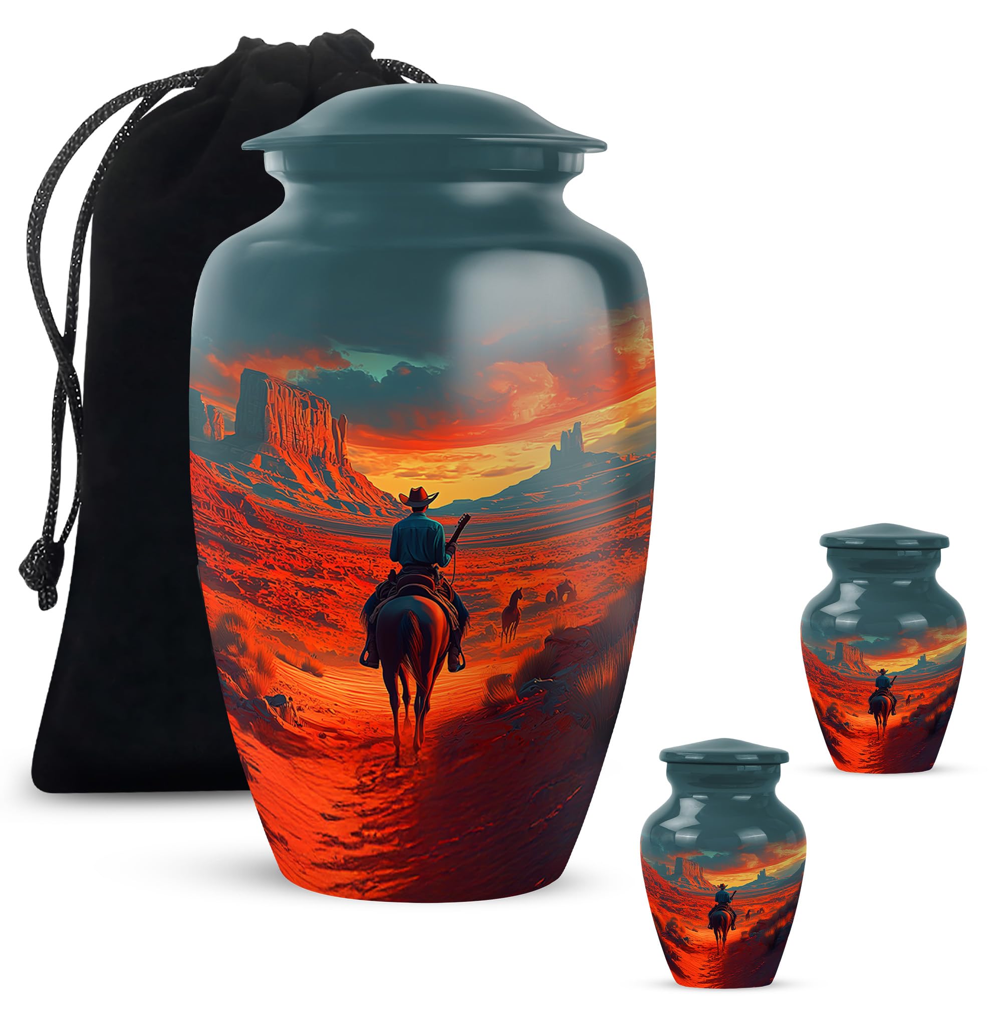 Cowboy Urn - Large &amp; Small Urns for Human Ashes Adult Male - Burial Urns for Adult Human Ashes - Funeral Urns for Adult Ashes Women (Combo - 10" &amp; 3", 3 Pcs)
