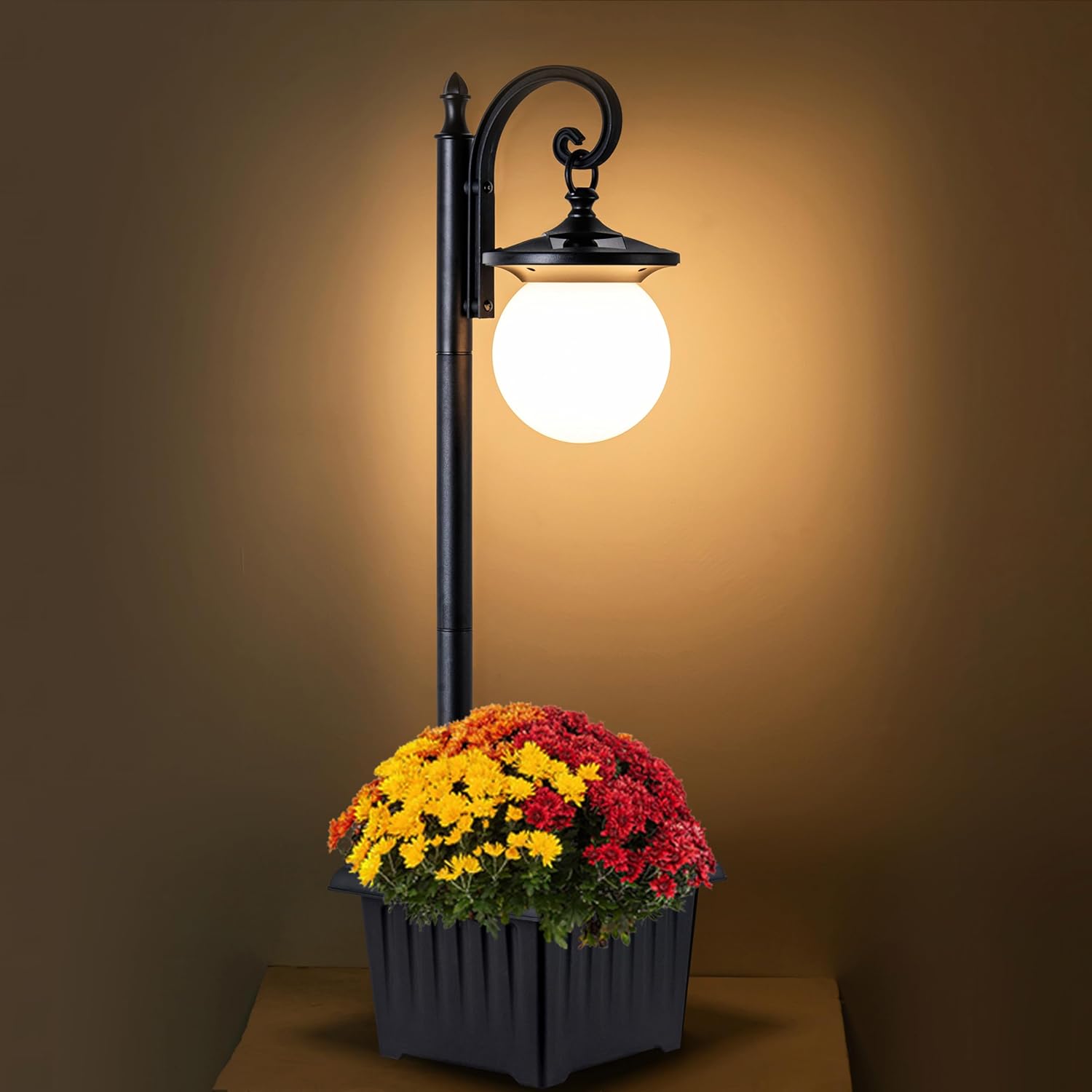 Solar Lamp Post Light with Planter, Outdoor Solar Lights with Crackle Glass, Matte Black Outdoor Flower Pots, 2 in 1 Solar Post Lights Waterproof for Porch Garden Patio