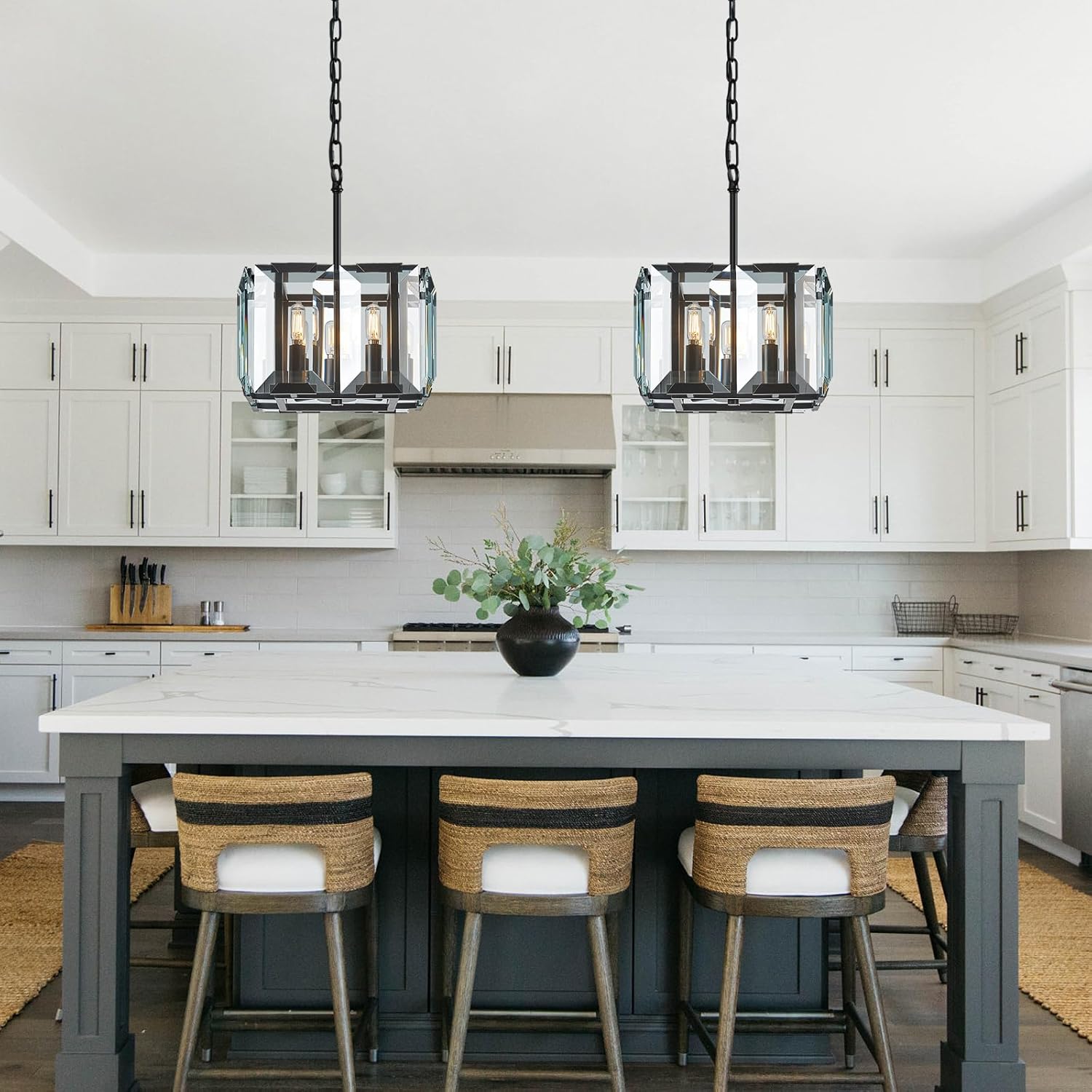 Black Modern Crystal Chandeliers Rectangle Farmhouse Pendant Light Semi Flush Mount Ceiling Light Fixture for Bedroom Dining Room Kitchen Island Living Room Foyer Hallway(4-Light)