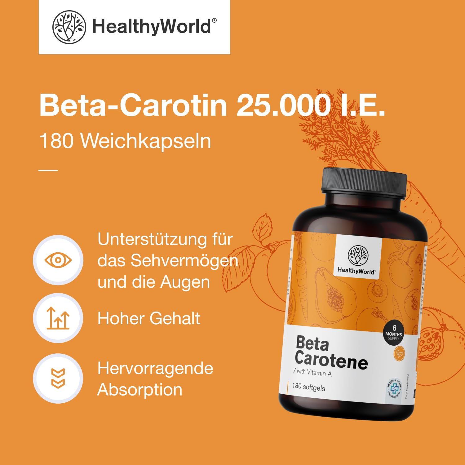 HealthyWorld Beta-Carotin 25.000 i.e. – 25.000 μg Vitamin A pro Dosis – 180 Weichkapseln – 6 Monate Vorrat – Glutenfrei und Laktosefrei – Unterstützung für das Sehvermögen und das Immunsystem