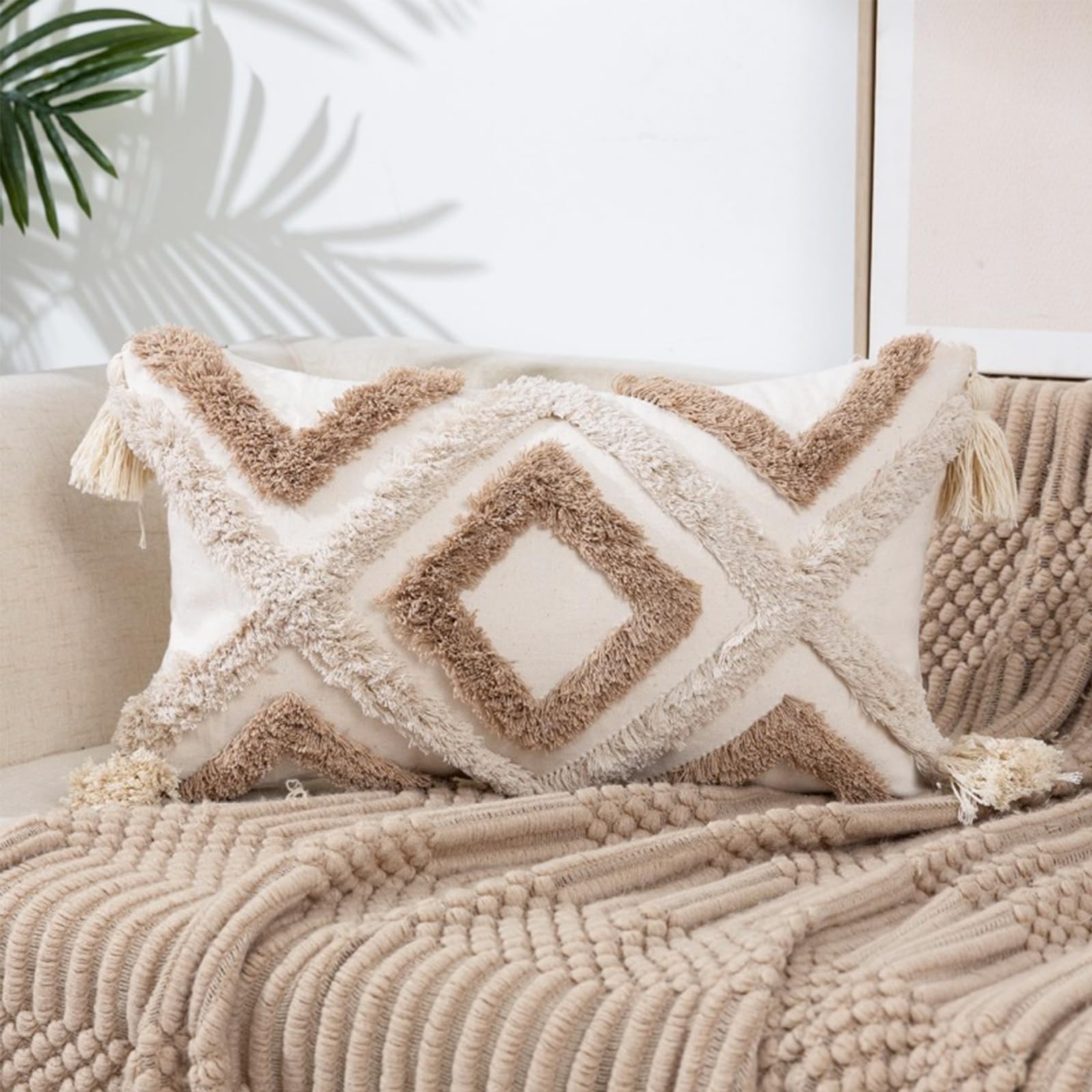 YULUOSHA Dekorative Boho Kissenbezug,Boho Kissen Beige Deko Baumwolle Dekokissen Marokko getuftete Kissenhülle Kissenbezüge Quaste für Sofa Schlafzimmer Wohnzimmer Dekor (Khaki-50 X 30 cm) Küche, Haushalt & Wohnen