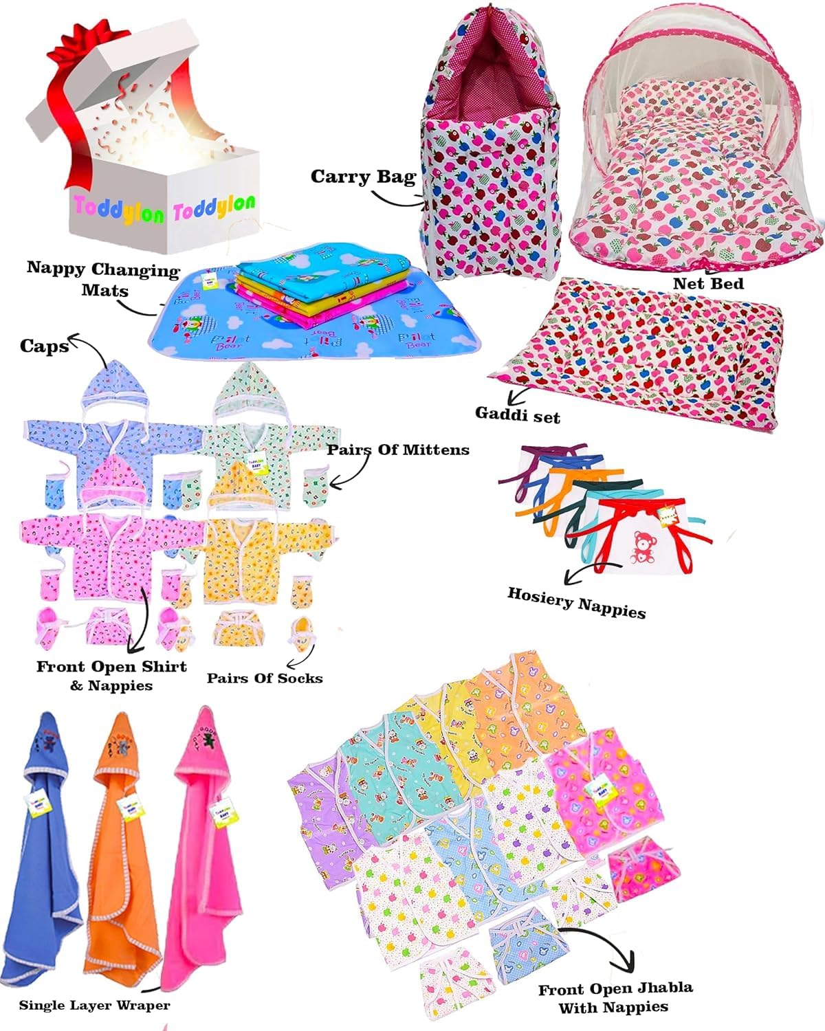 Toddylon New Born Baby Essentials Kit 56 Combo Set (0–6 Months) | Newborn Baby Hospital Bag Kit | Infant Combo Set for New Born | Newborns Baby Dress & Clothing Set | Infants Essentials Kit (Pink)