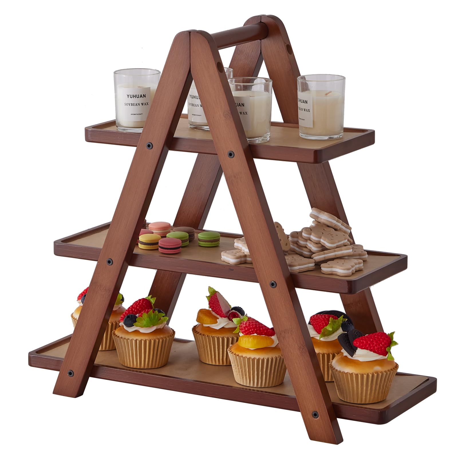 3 Tier Serving Tray, Cupcake Stand,Party Serving Decorative Tray Decor with 3 Bamboo Serving Platters for Fruit Dessert Presentation (Brown)