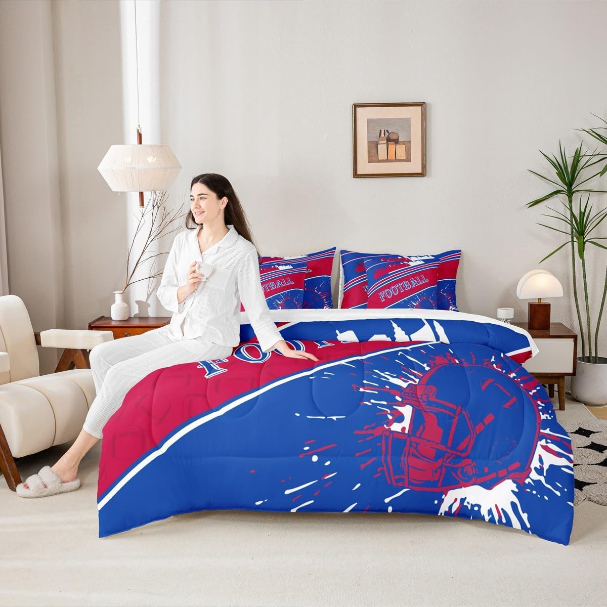 Feelyou Rugby Sports 7 Pieces Comforter Sets Queen Size Football Bedding Set for All Season Football City Bed in a Bag with Comforter, Sheets, Pillowcases & Cushion Cover