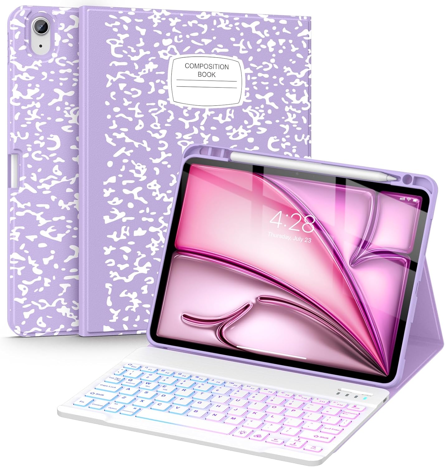 Supveco Keyboard Case for iPad Air 11 Inch (M4 2026,M3 2025,M2 2024),iPad Air 5th/4th Generation with Pencil Holder-7 Colors Backlit Wireless Detachable Folio Keyboard Cover -Lilac