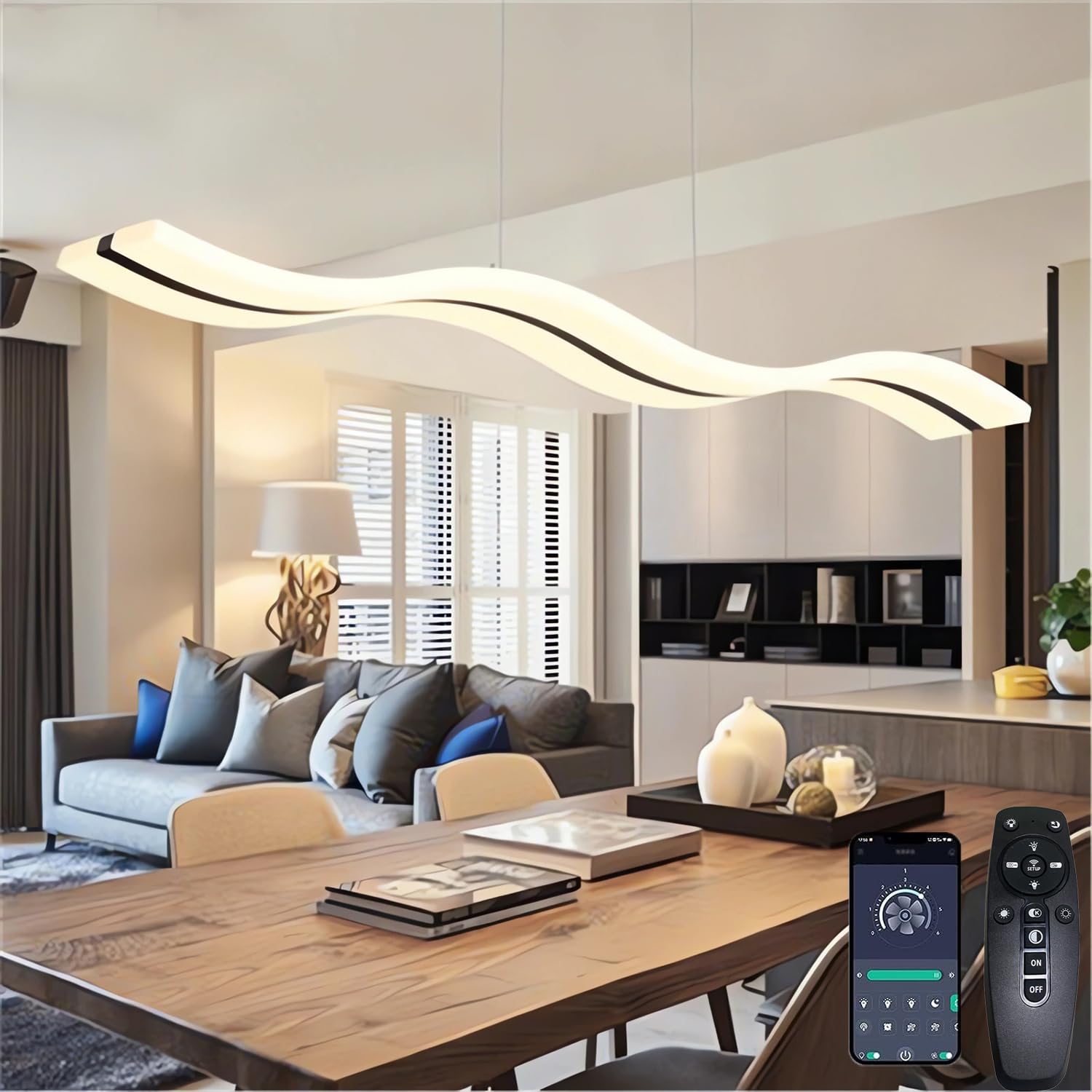 Suspension linéaire LED moderne, lustre à vague dimmable avec télécommande et contrôle par application, lampe suspendue réglable en hauteur 100cm pour table à manger et îlot de cuisine (L100CM)