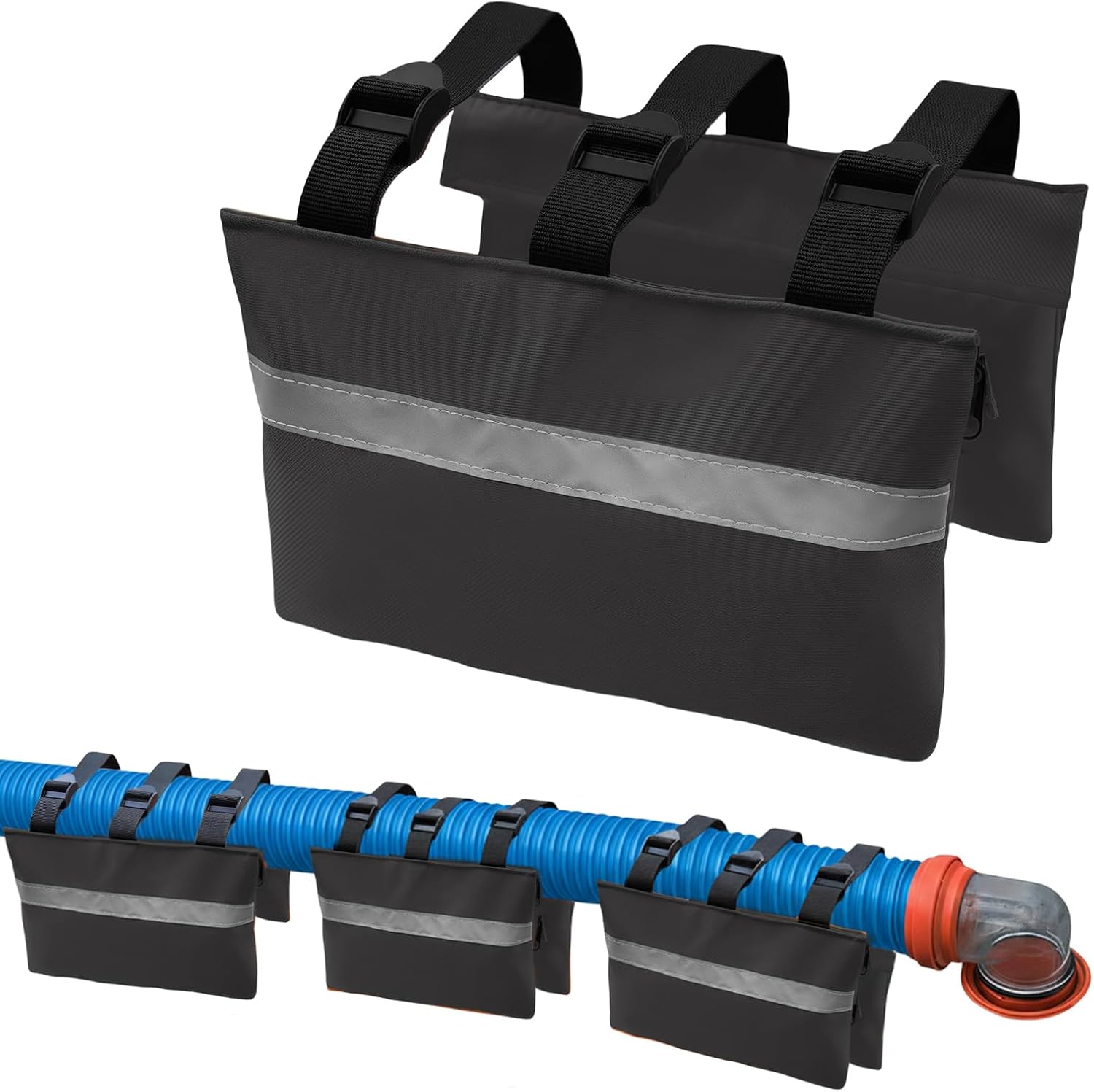 3 Pcs RV Sewer Hose Weight Bags with Reflective Strip Waste Hose Fastening Device Camper Trailer Sewer Hose Support Hold Down Prevents Dislodging and Accidental Spillage (Black)