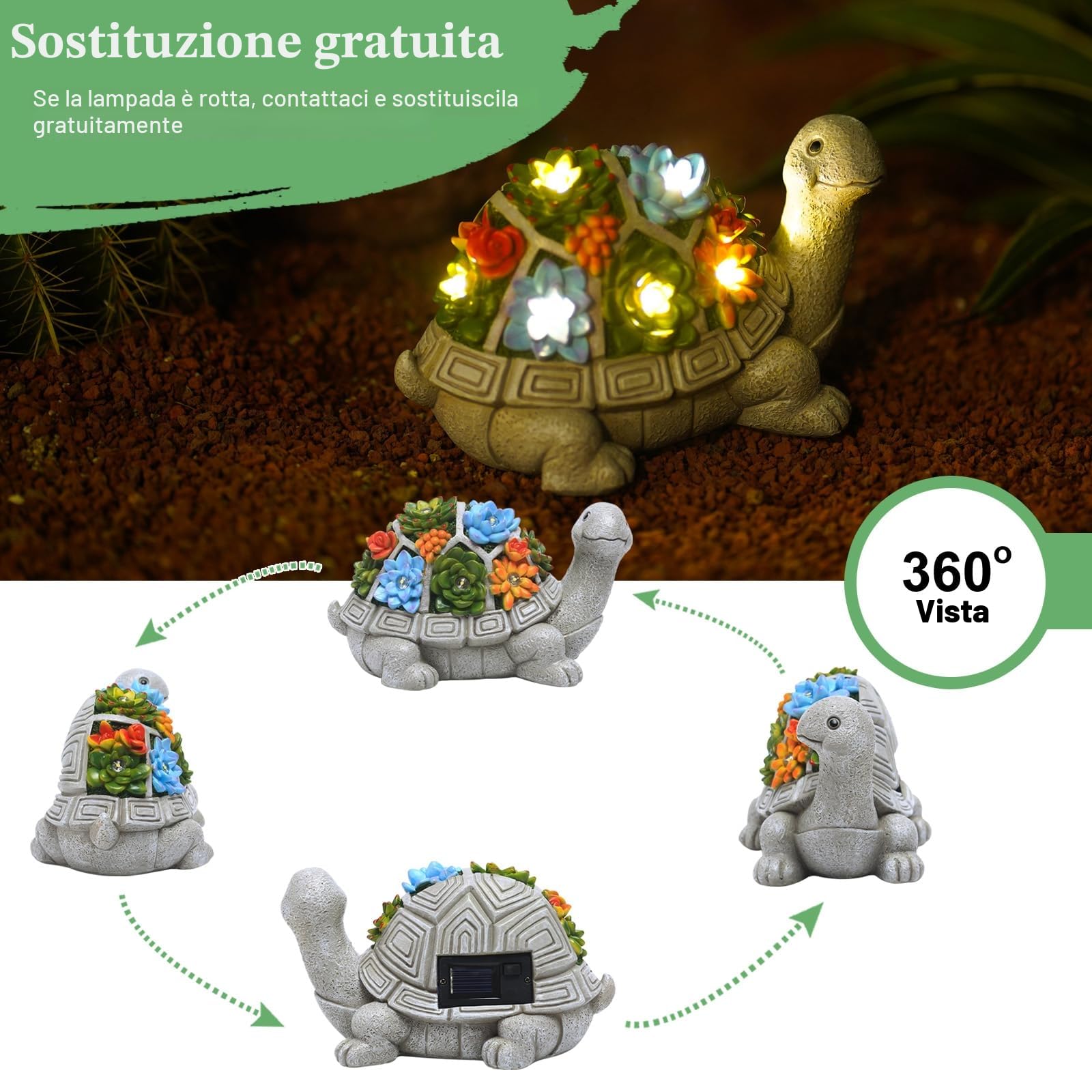 Yeomoo - Statuetta da giardino a energia solare a forma di tartaruga con piante grasse e 7 luci a LED, decorazione per esterni, casa, balcone, camera da letto