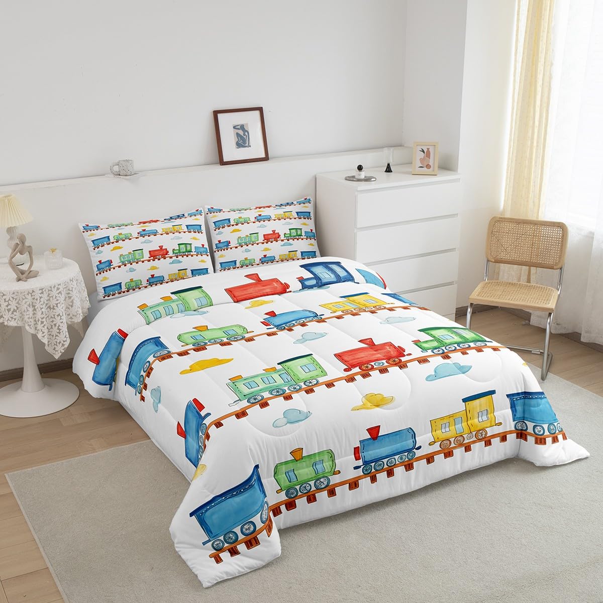 Set di biancheria da letto per bambini con treno a vapore, set di biancheria da letto per ragazzi e ragazze, decorazione per la camera dei bambini, per trasporto ferroviario, piumino con inserto blu e