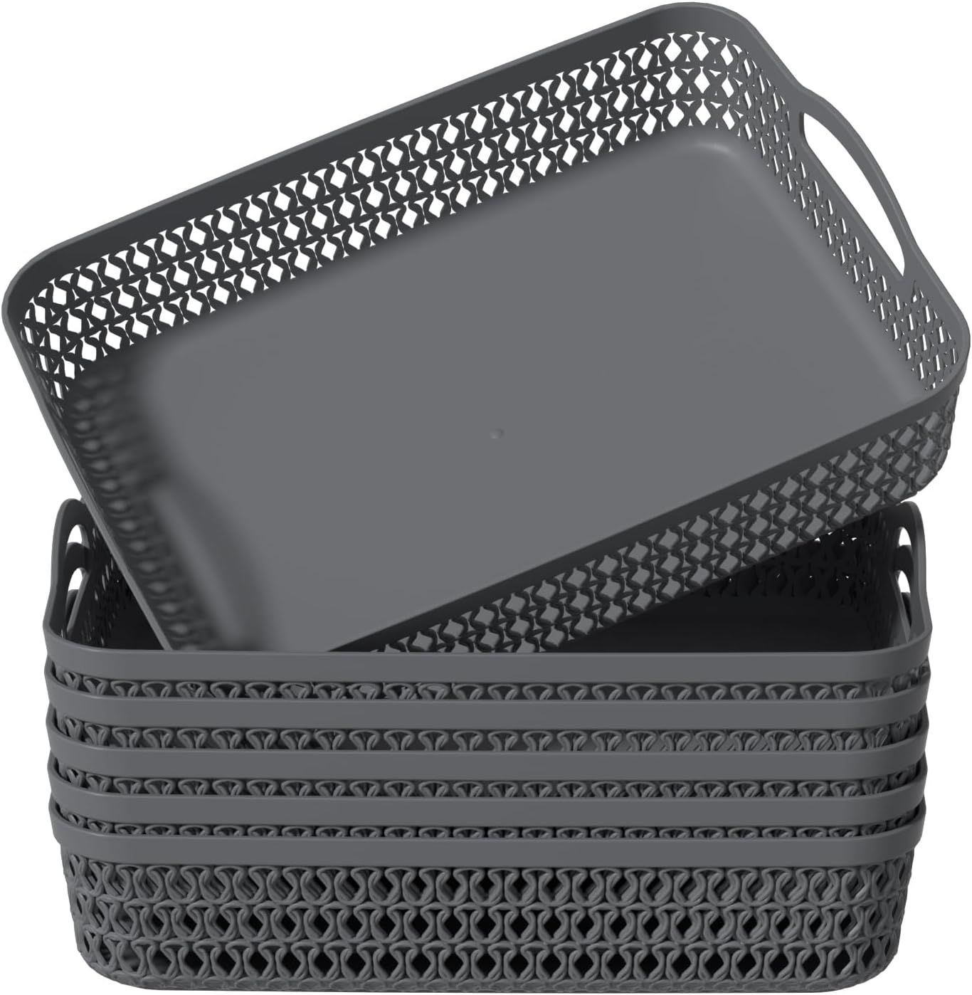 Kekow Plastic Storage Tray Basket with Handle, Set of 6, 13.22" x 10.23" x 2.95", Gray