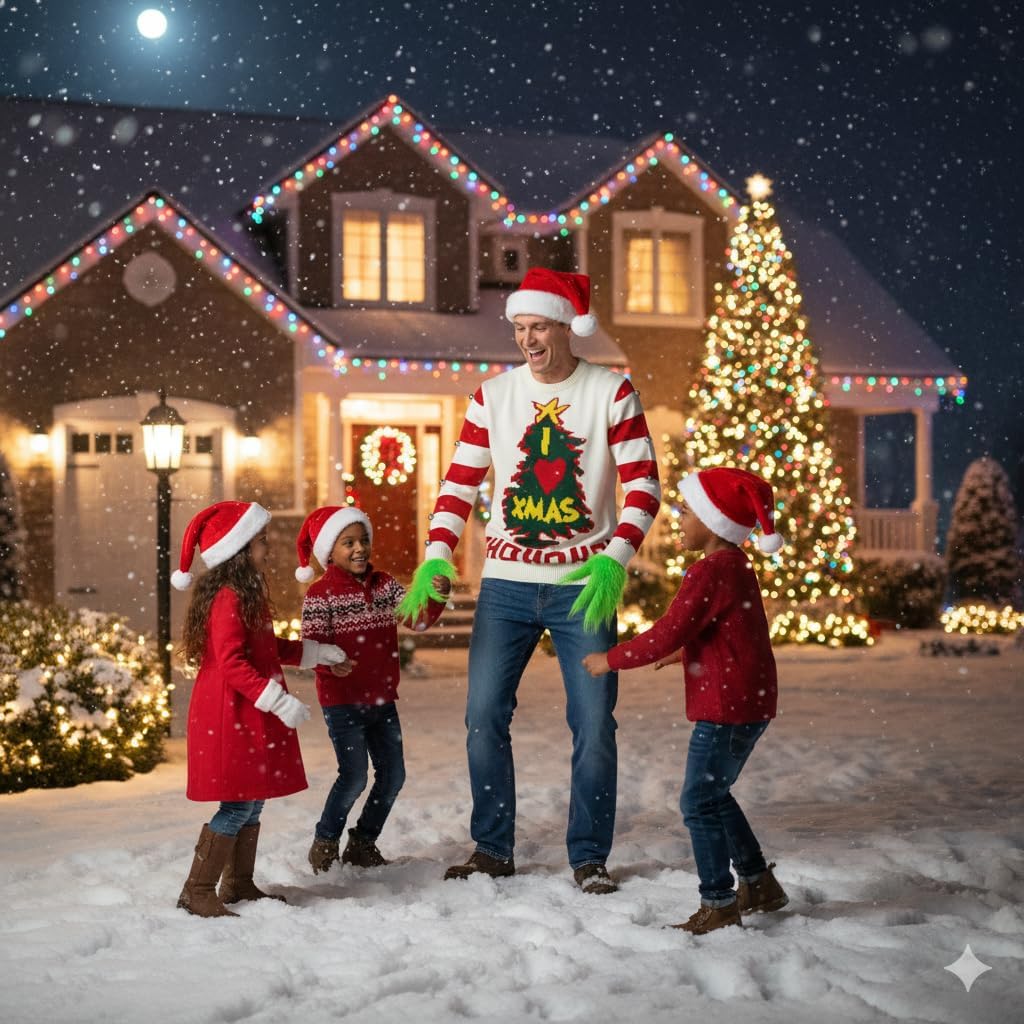 Christmas Sweater I Love Xmas Striped Sweater Women Funny Christmas Ugly Pullover Men’s Santa Hat Beard Gloves Set