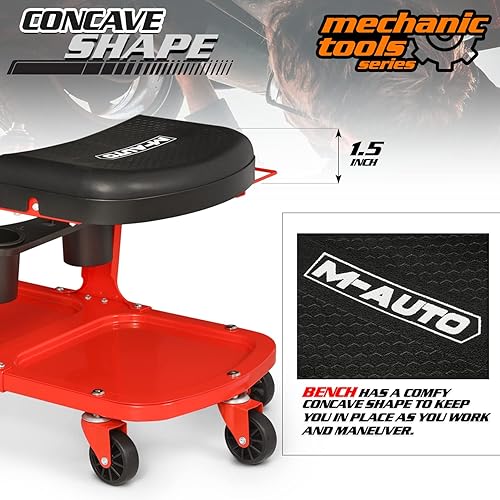 Miniatura 5 de M-AUTO Asiento de rodillo de garaje resistente, taburete mecánico de tienda con bandeja de herramientas y estante de equipo, asiento de enredadera