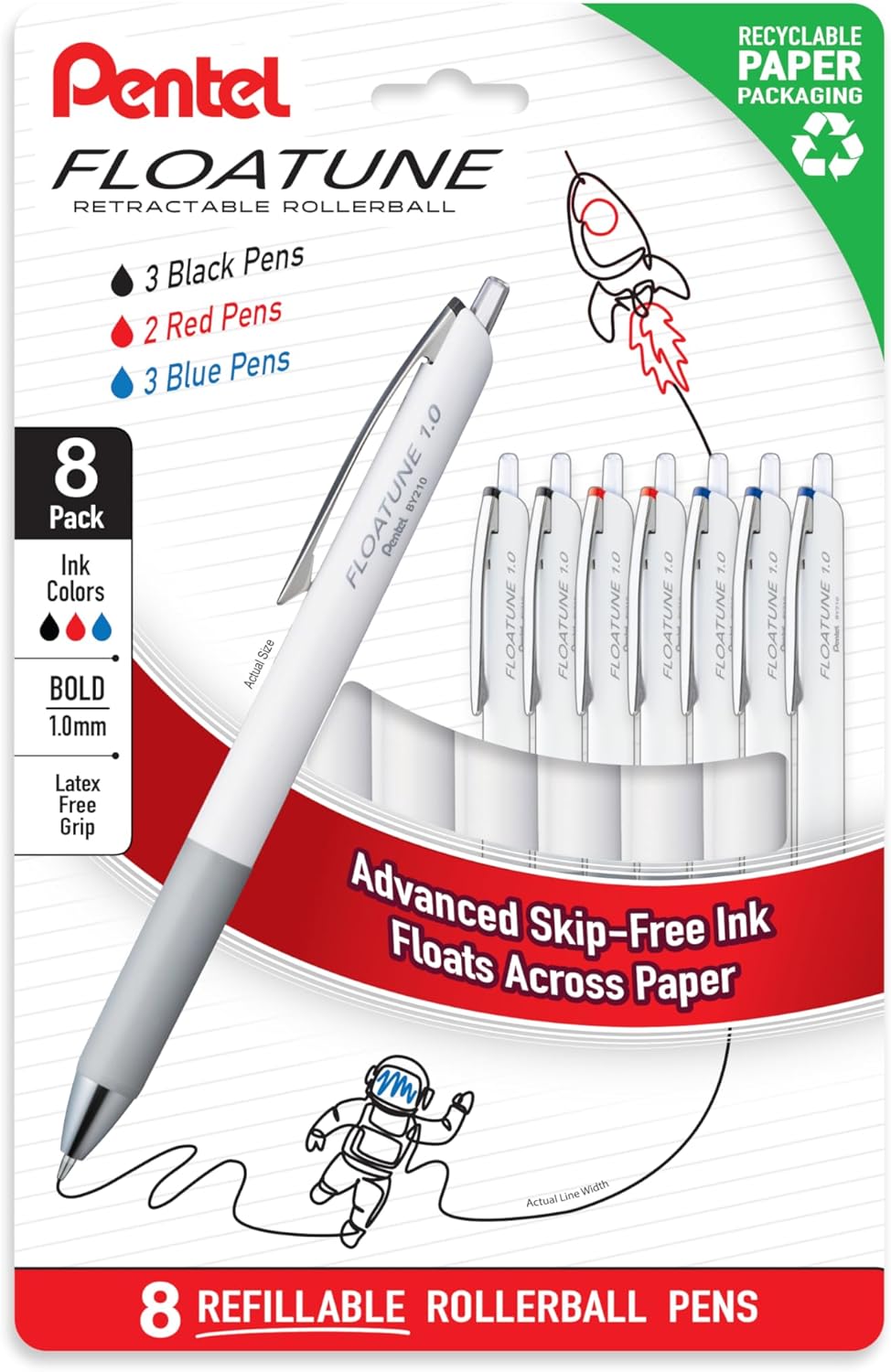 Pentel Floatune Retractable Rollerball, 1.0mm Bold Point, Black, Red, and Blue Ink, 8-pk (BY210PF8OFC)