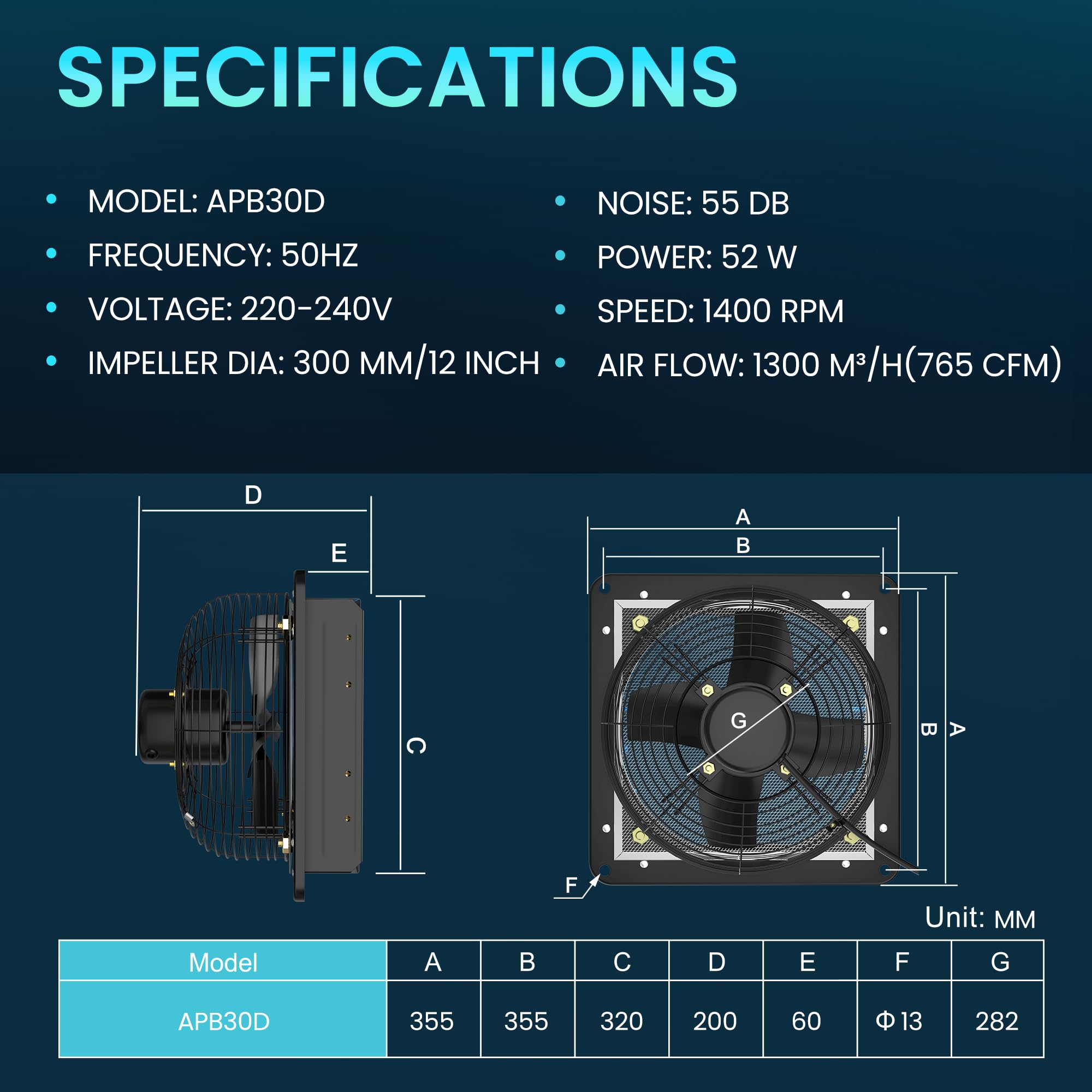 HG Power 300mm Ventilador Extractor de Aire Escape 1300 m³/h Extractor Industrial para Enfriar Casas y Almacenes, Ventilación, Circulación de Aire con Enchufe EU
